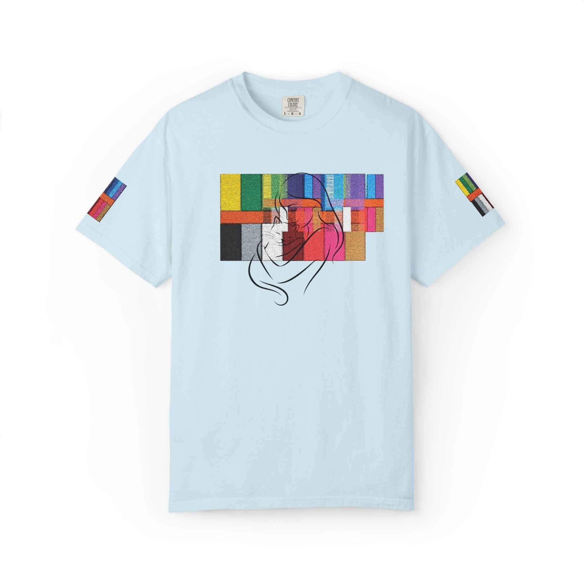 Mother & Cat Embrace T-Shirt | Minimal Line Art Cat Mom Shirt