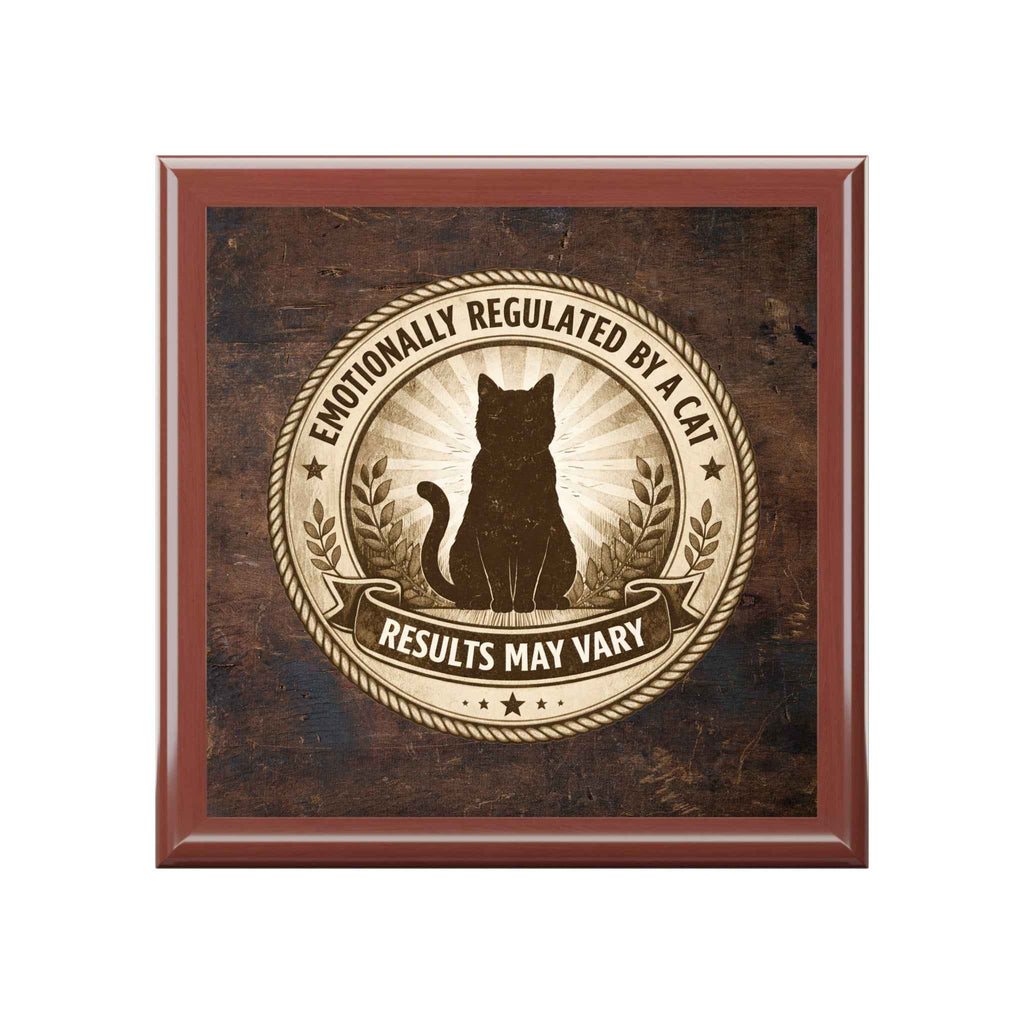 Emotionally Regulated by a Cat – Wood Jewelry Box (Brown Finish)