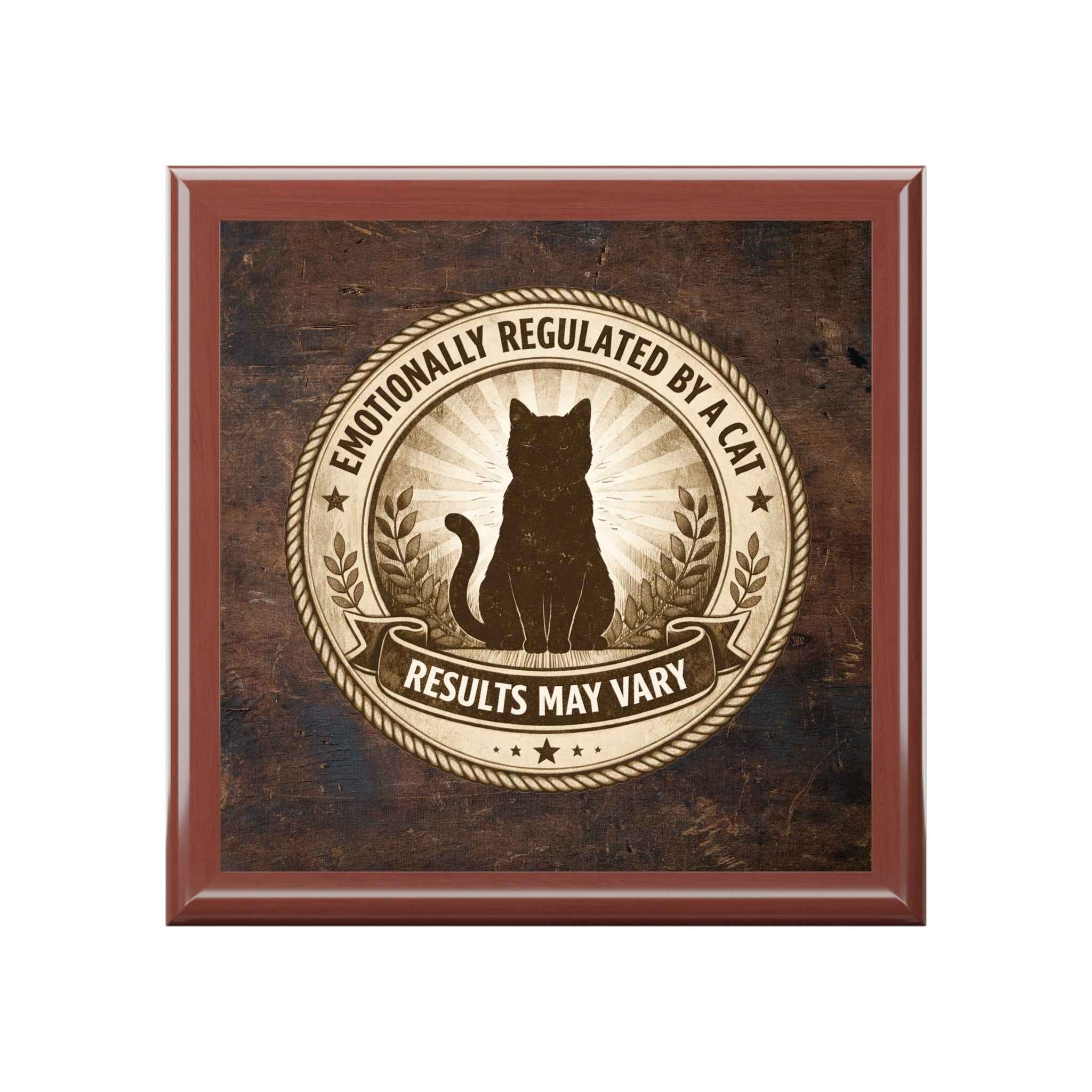 Emotionally Regulated by a Cat – Wood Jewelry Box (Brown Finish)