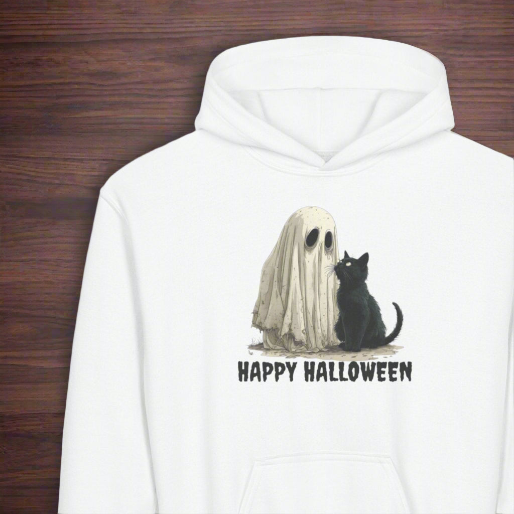 Youth Halloween Hoodie, Ghost and Cat Design