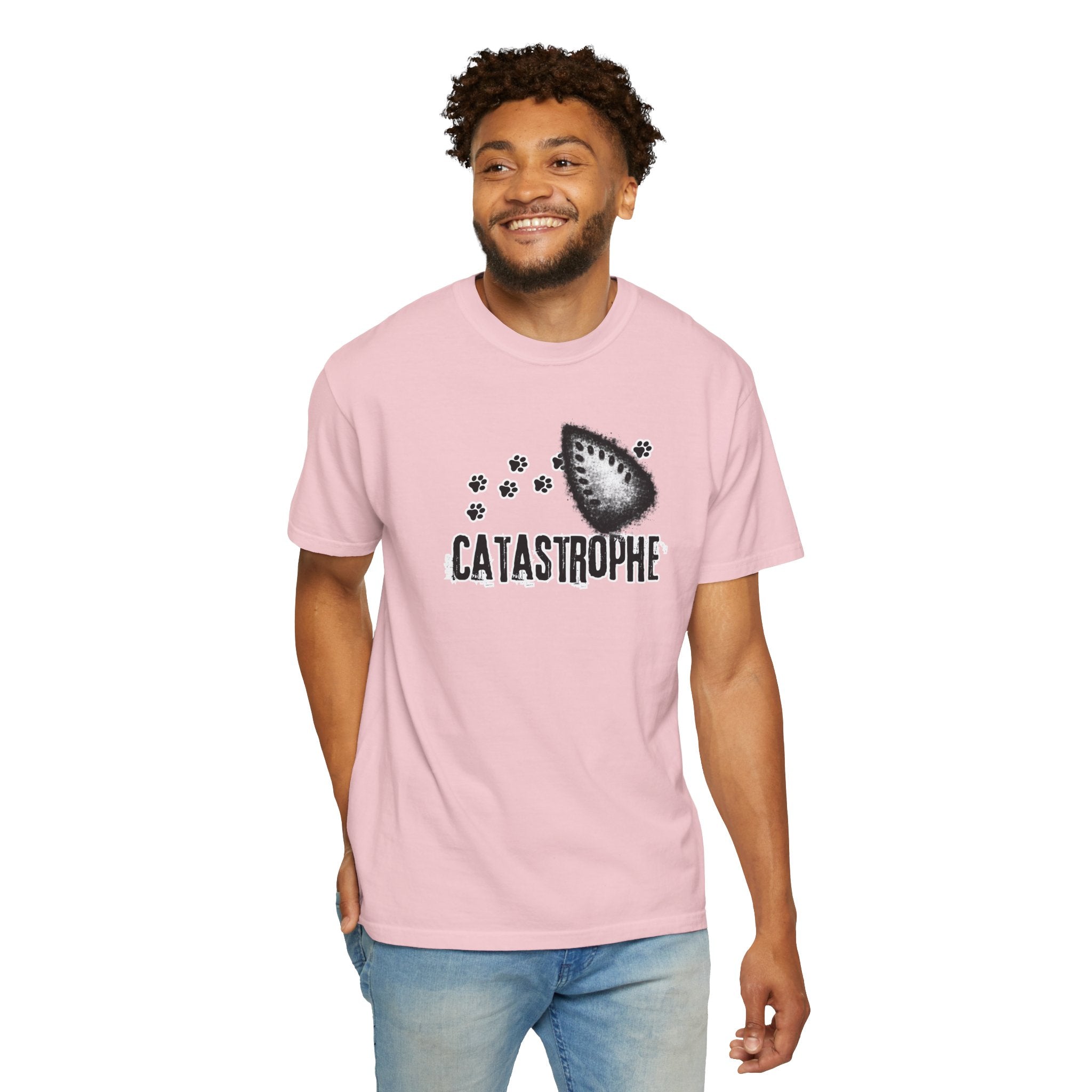 Catastrophe Iron Burn Graphic T-Shirt | Funny Cat Pun Shirt | Distressed Grunge Cat Tee