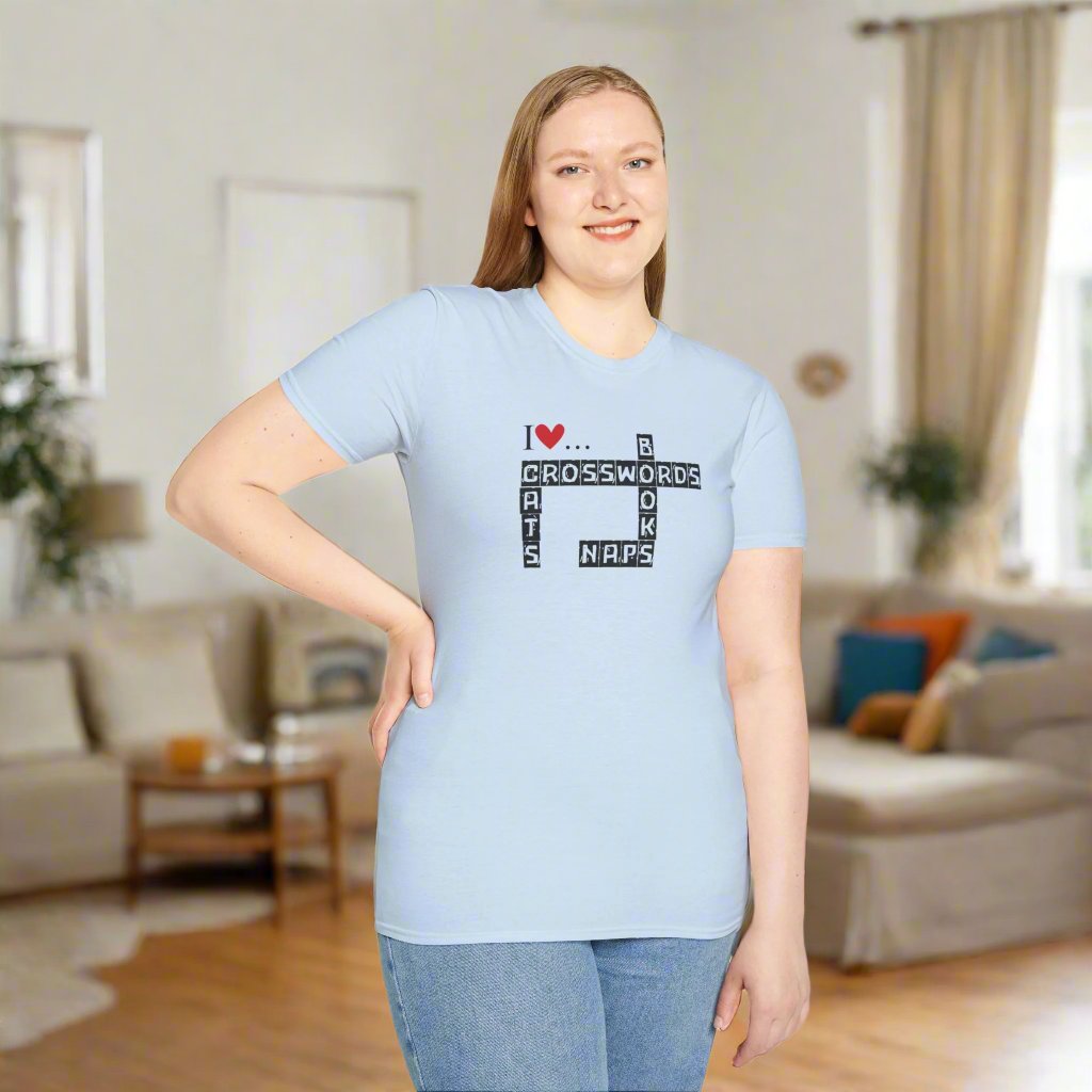 Photo depicting the ​Crosswords and Cats Unisex Softstyle T-Shirt from EpiAl's Shop.