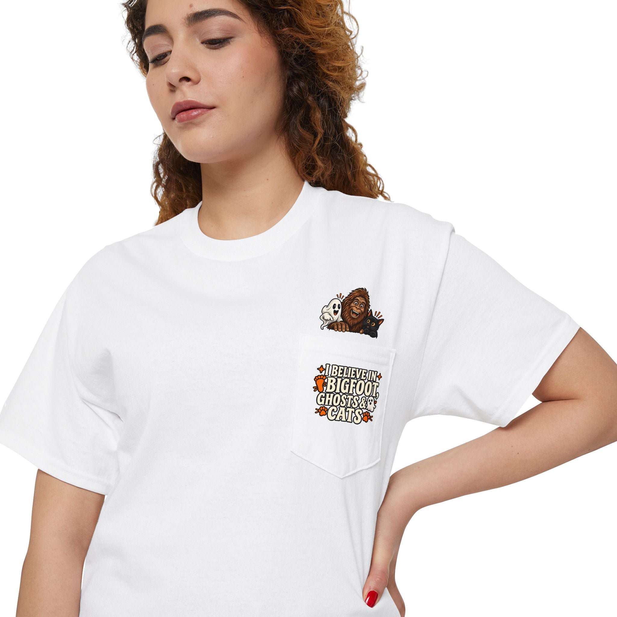 I Believe in Bigfoot, Ghosts & Cats Pocket T-Shirt