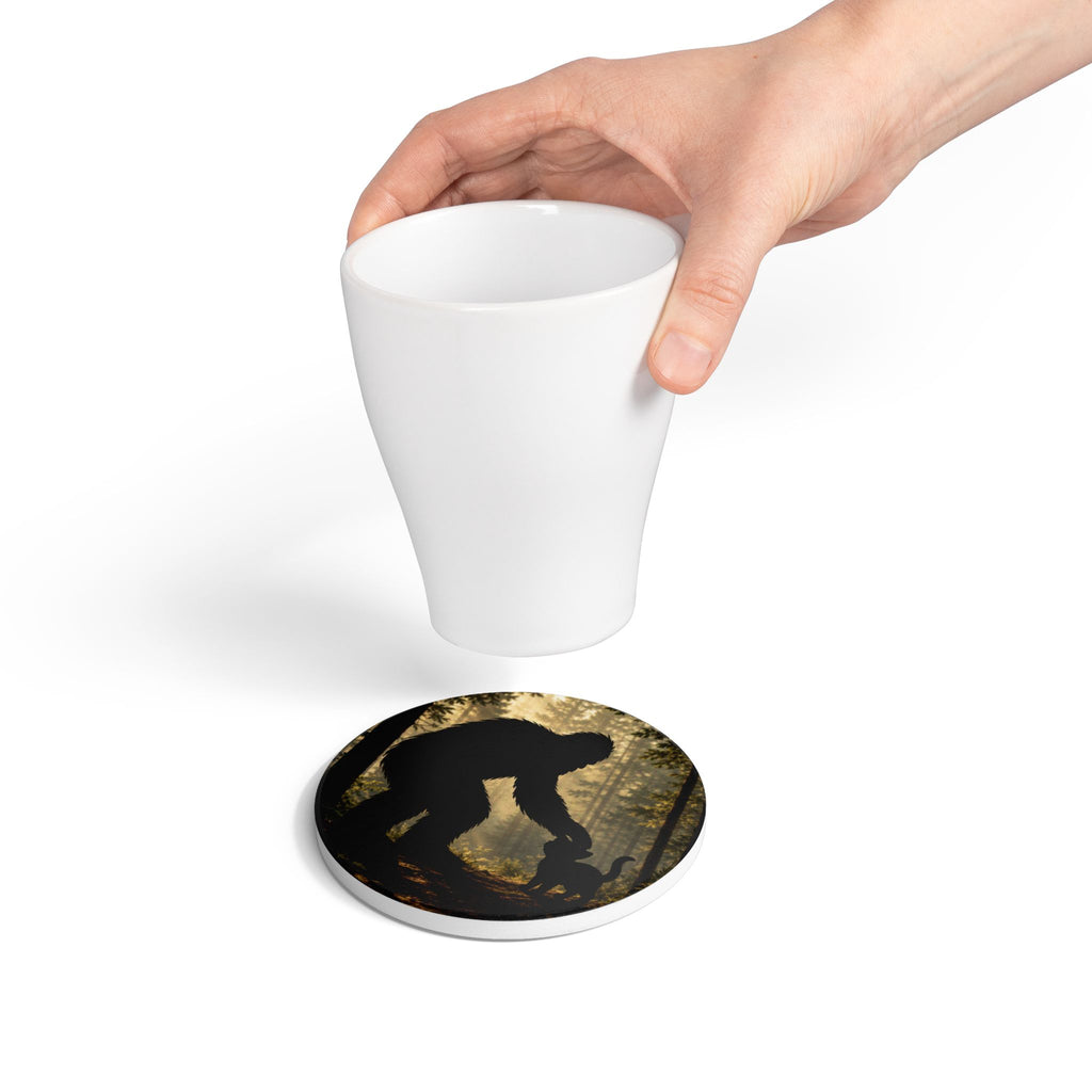 Bigfoot & Cat Ceramic Coaster — Forest Sasquatch Silhouette Drink Mat