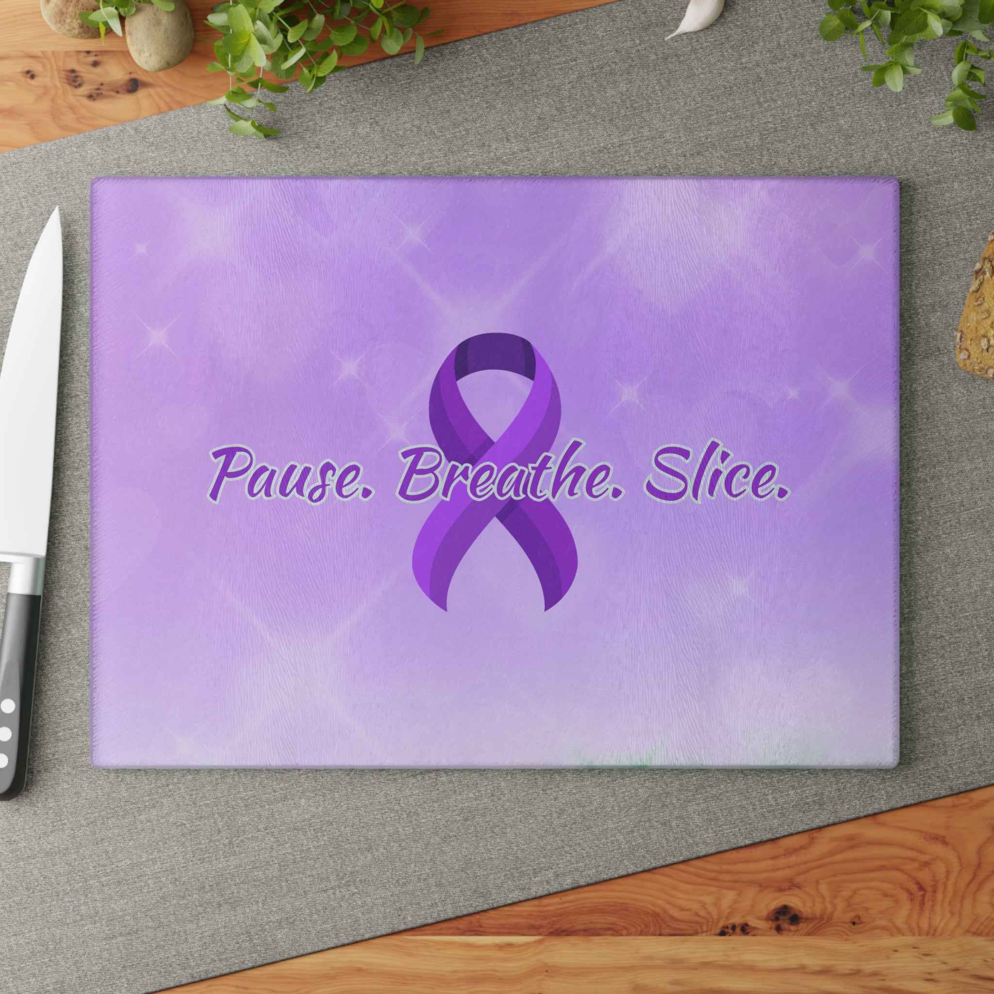 Pause Breathe Slice Epilepsy Awareness Glass Cutting Board – Purple Ribbon Kitchen Board