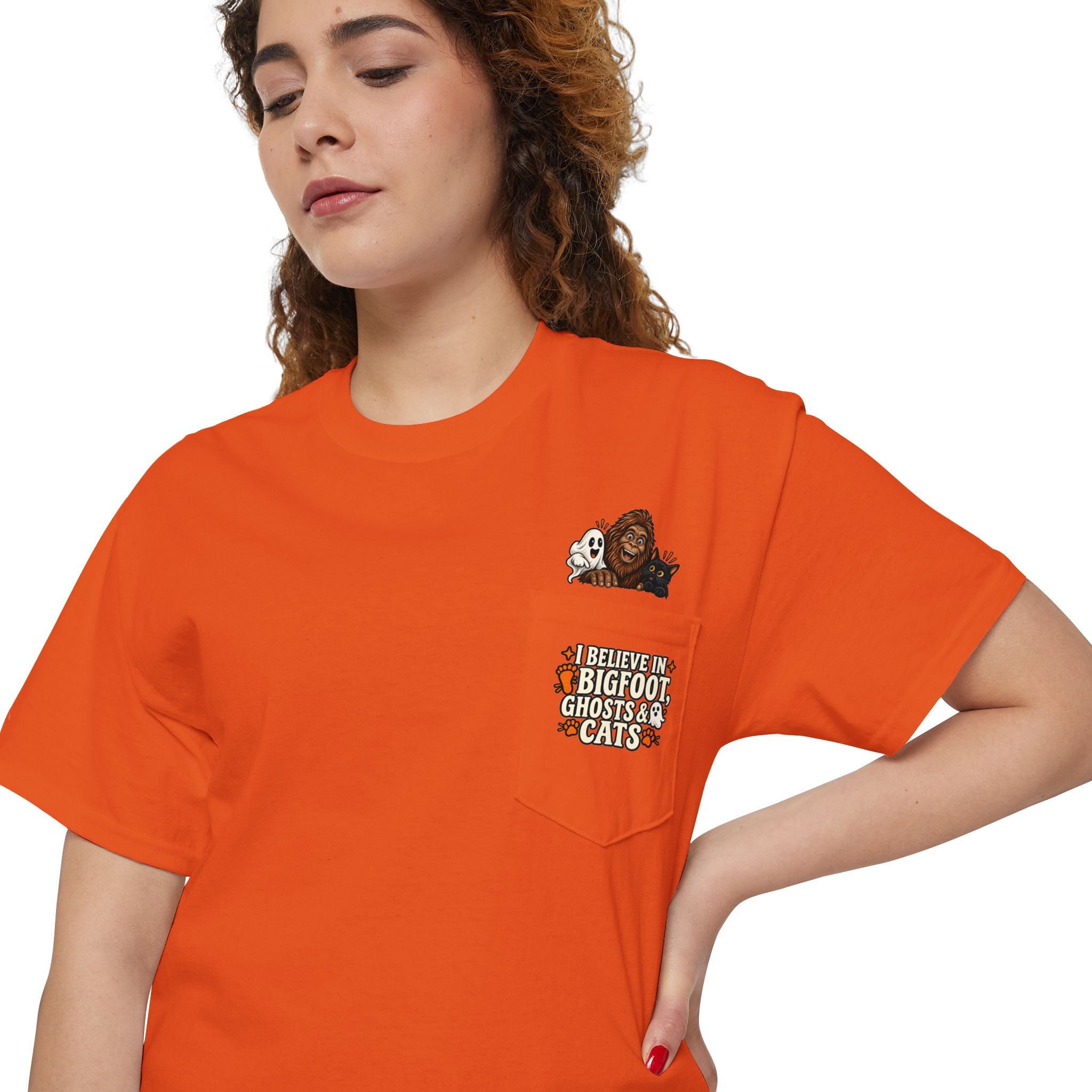 I Believe in Bigfoot, Ghosts & Cats Pocket T-Shirt