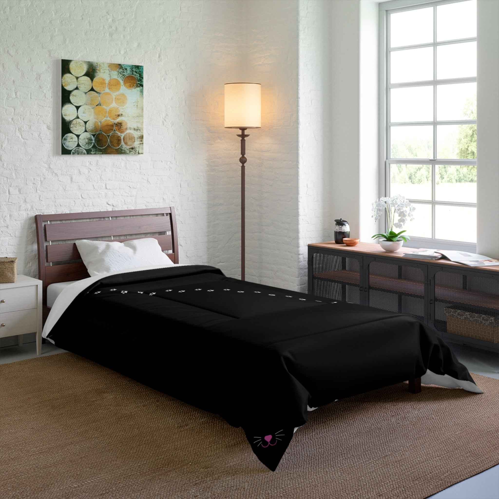 Black “Pawprint Path” Cat Lover Comforter