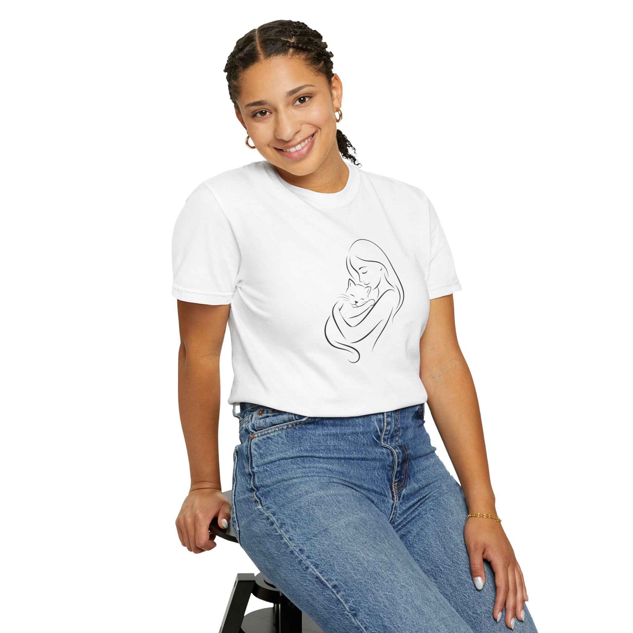 Mother & Cat Embrace T-Shirt | Minimal Line Art Cat Mom Shirt