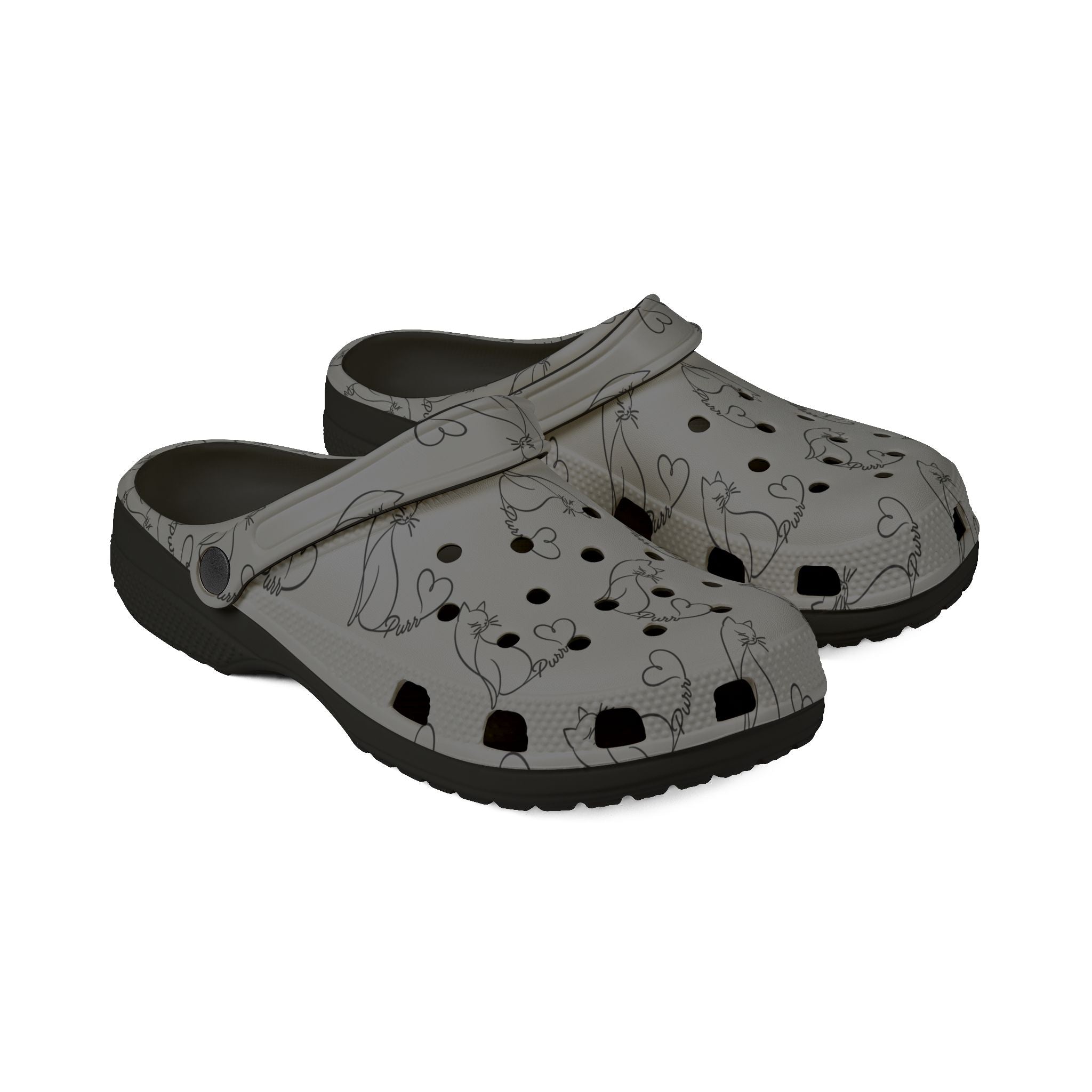 Minimalist Cat Line Art EVA Clogs – Grey All-Over Print Slip-Ons