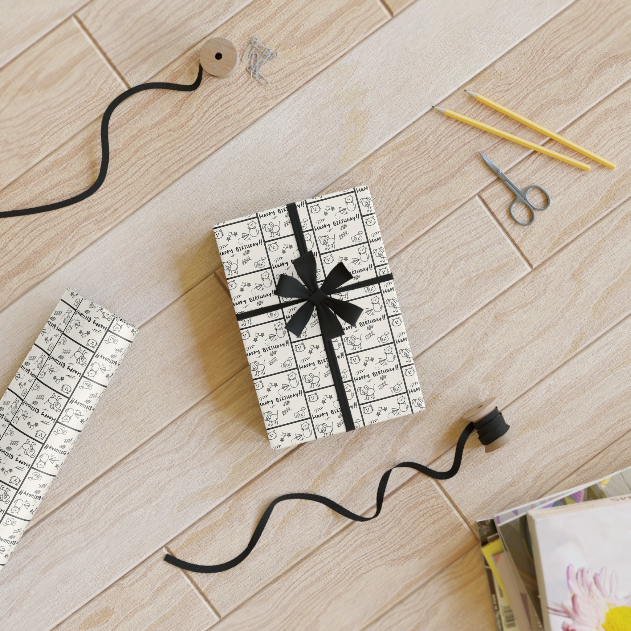 Sketched Puppies & Kitties Birthday Gift Wrapping Paper Rolls, 1pc - EpiAl's Shop