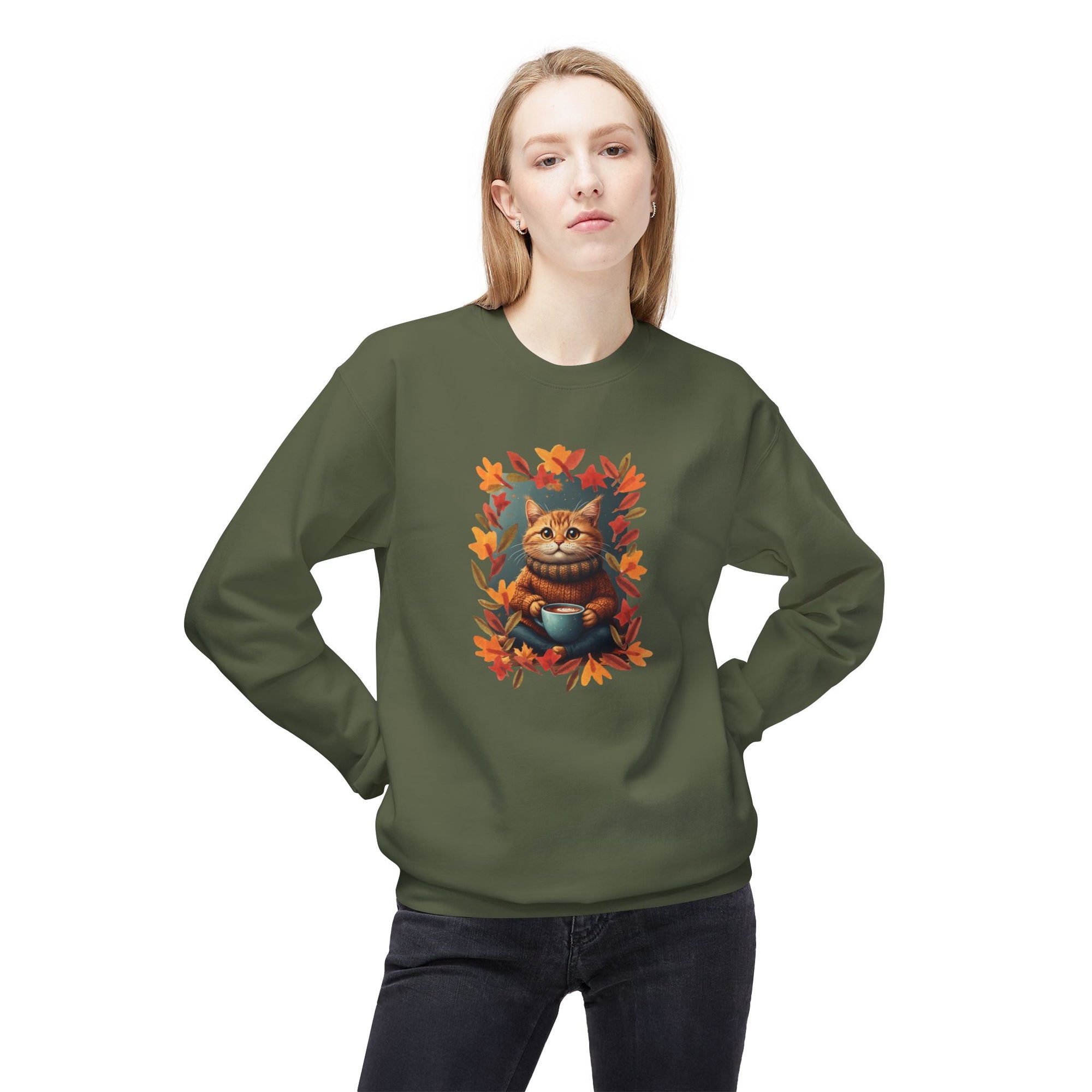 Whimsical Fall Fleece Kitty Sweatshirt, Cozy Autumn Apparel