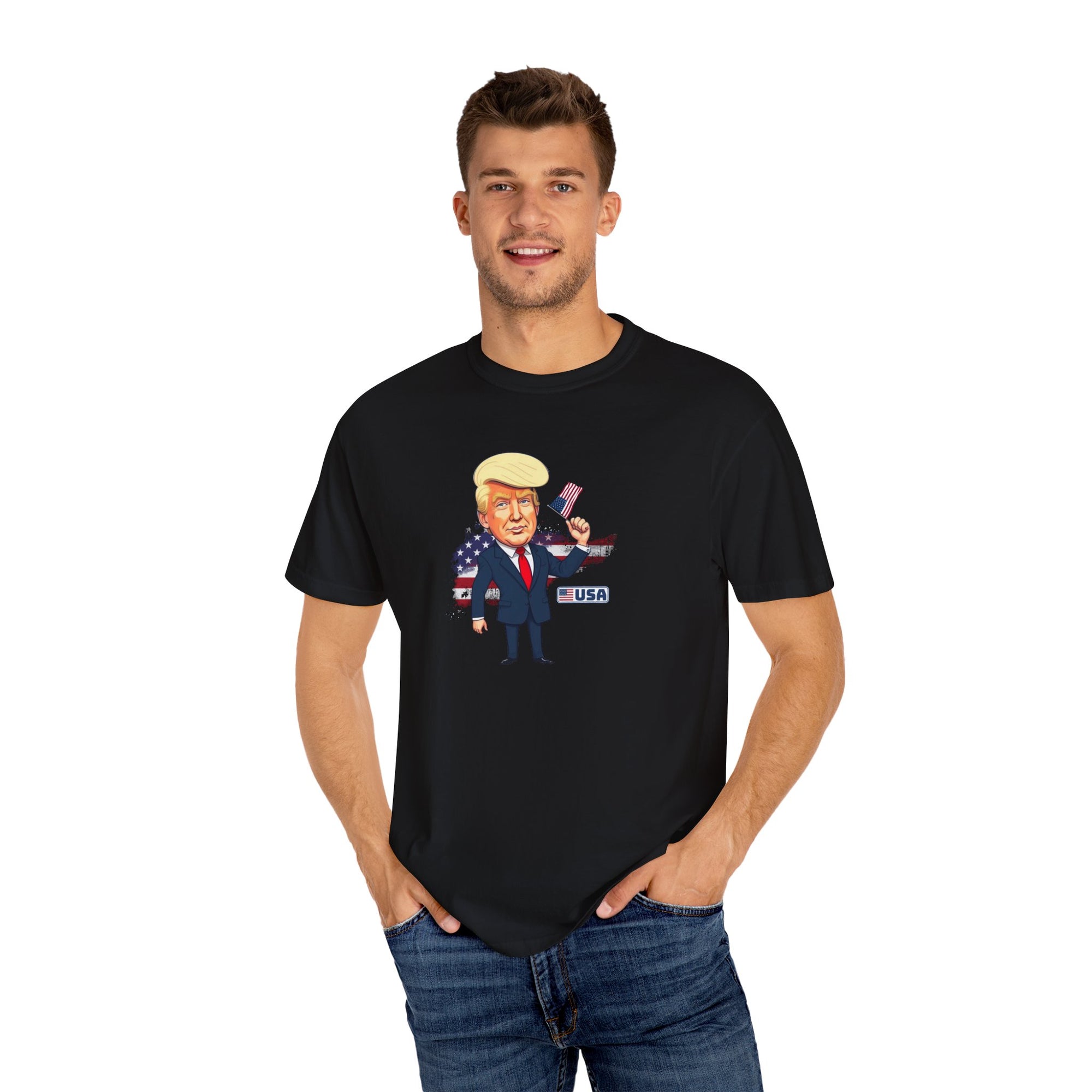 Patriotic Cartoon T-Shirt - Unisex Garment-Dyed Tee with Trump Design