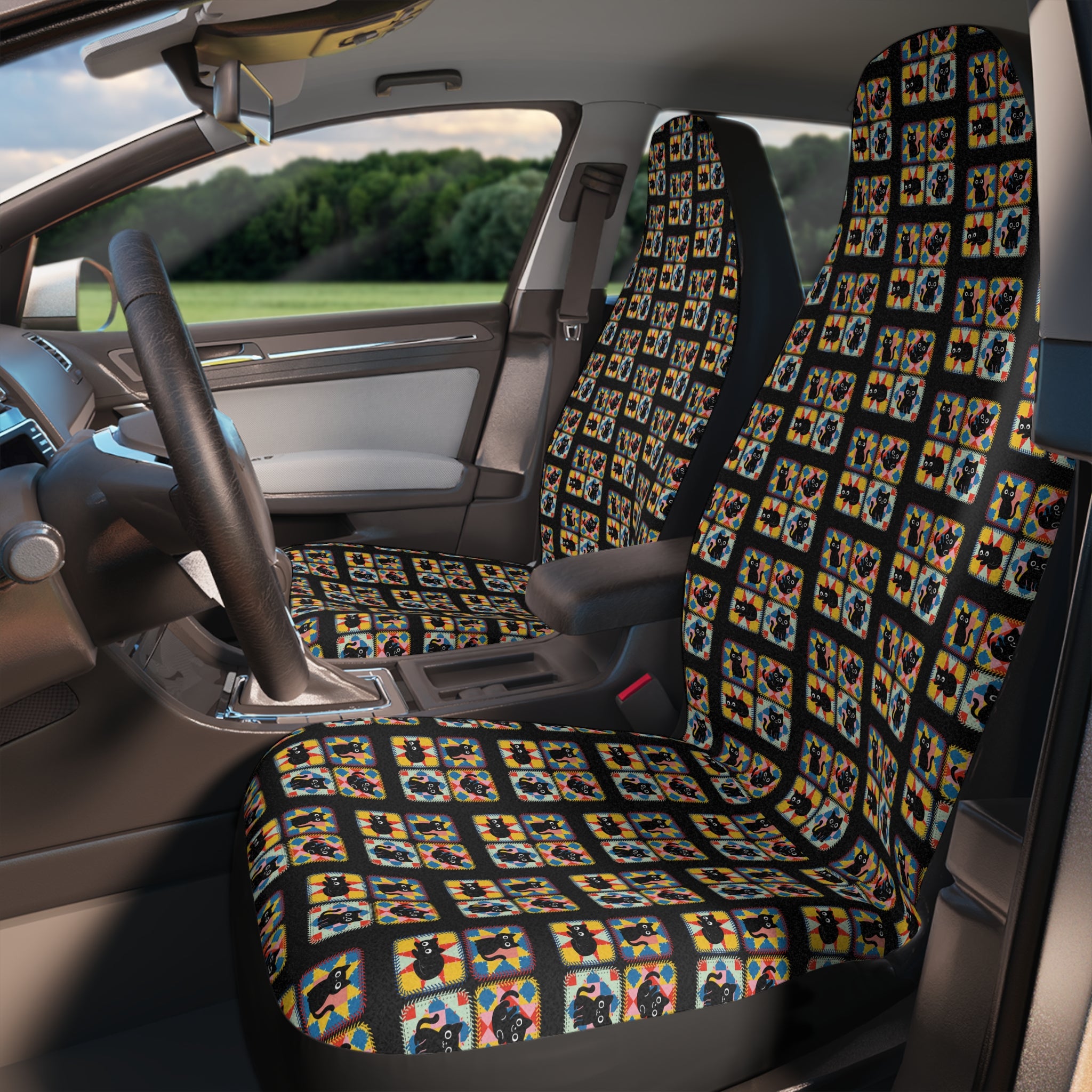 Quilted-Looking Cats Car Seat Covers, Set of 2
