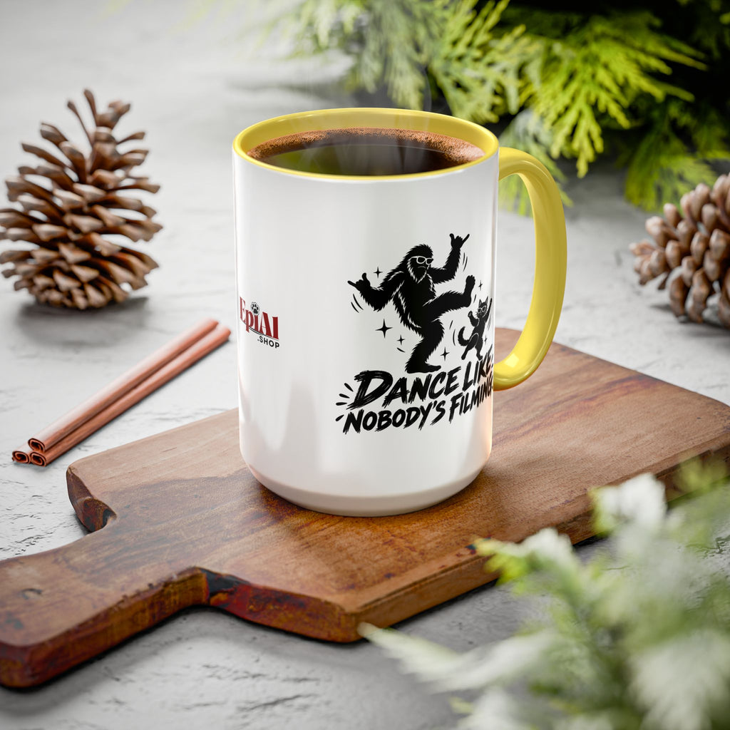 Dance Like Nobody's Filming | Funny Bigfoot & Cat Coffee Mug (11oz/15oz)