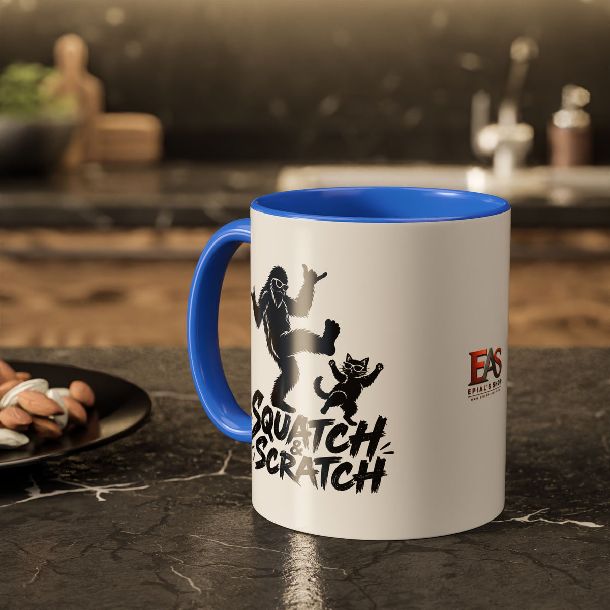 Squatch & Scratch Bigfoot and Cat Coffee Mug | Funny Sasquatch Ceramic Mug | 11oz & 15oz