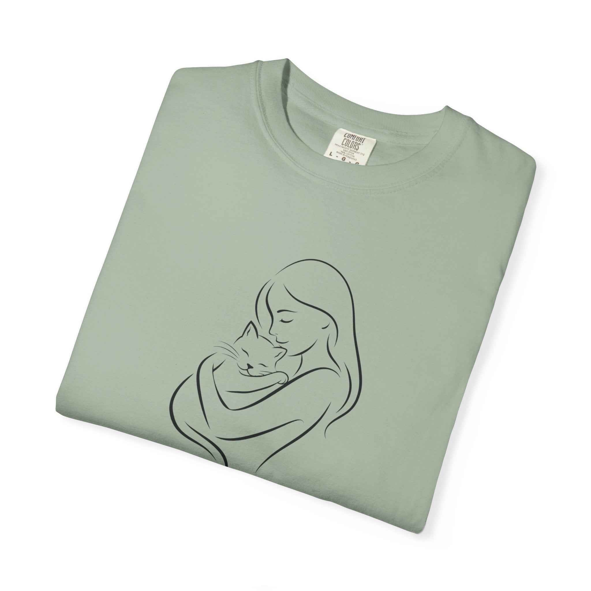 Mother & Cat Embrace T-Shirt | Minimal Line Art Cat Mom Shirt