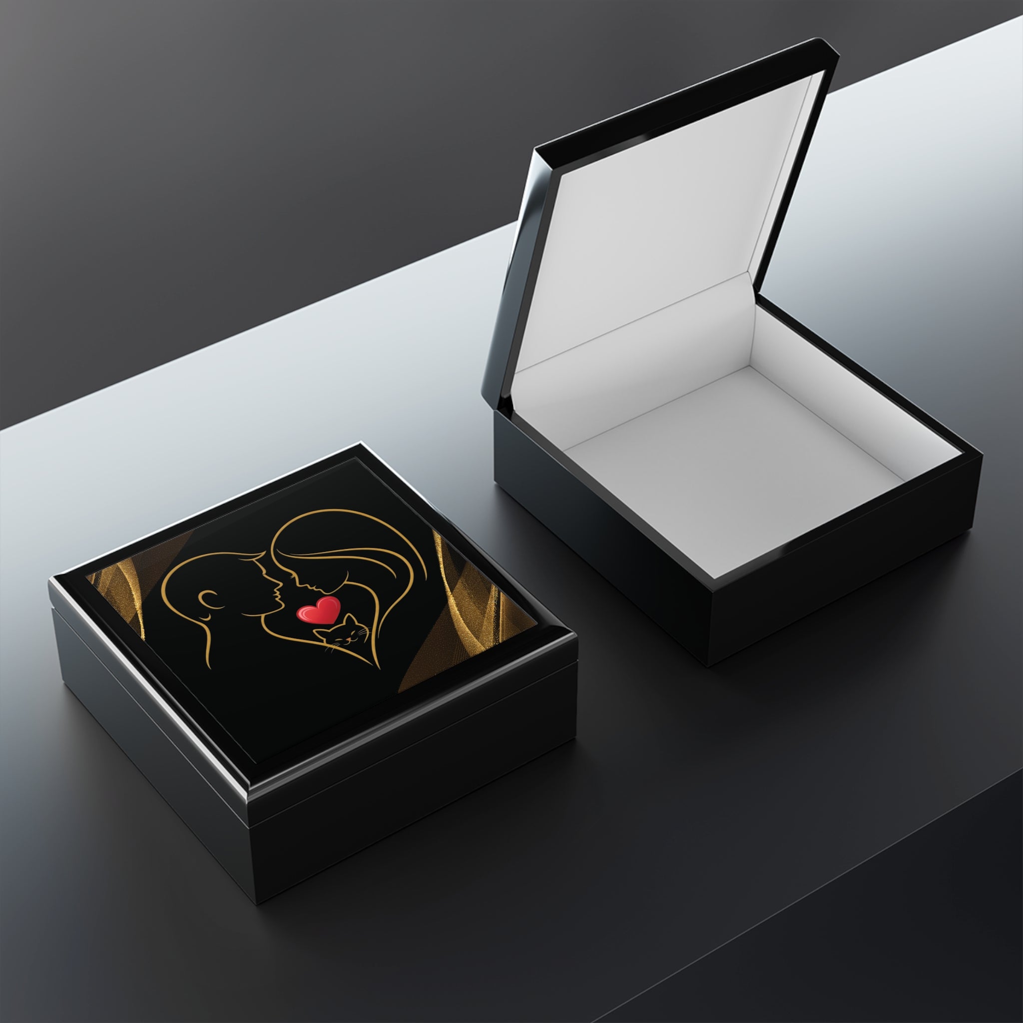 Pet Love Valentine Jewelry Box – Couple & Cat Heart Design