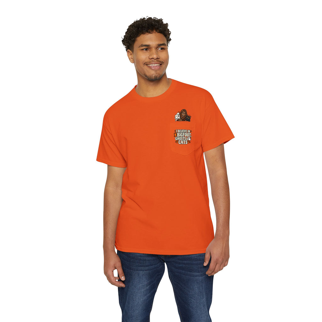 I Believe in Bigfoot, Ghosts & Cats Pocket T-Shirt