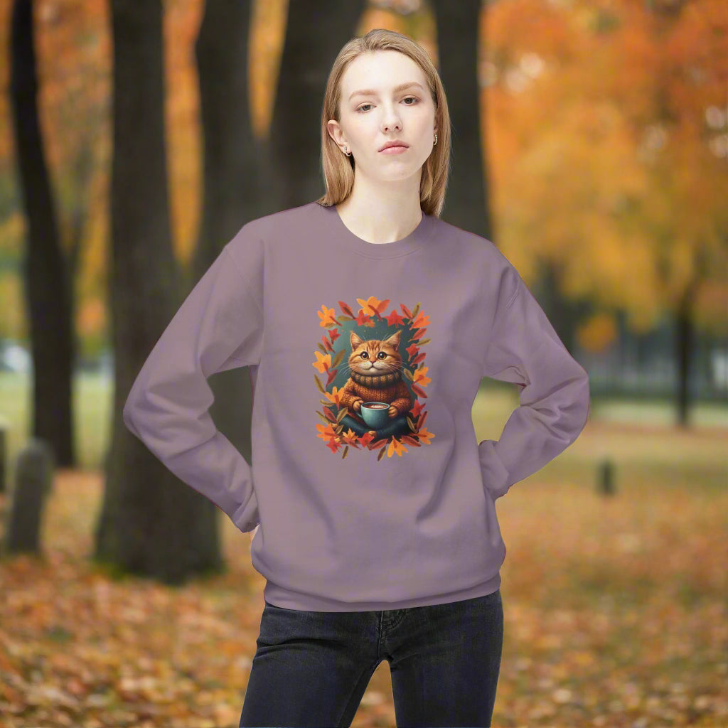 Whimsical Fall Fleece Kitty Sweatshirt, Cozy Autumn Apparel