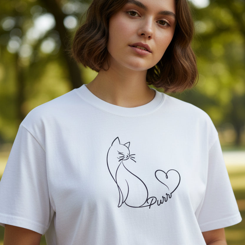 Purr Line Art Cat Unisex T-Shirt | Minimal Cat Lover Tee with Heart Tail