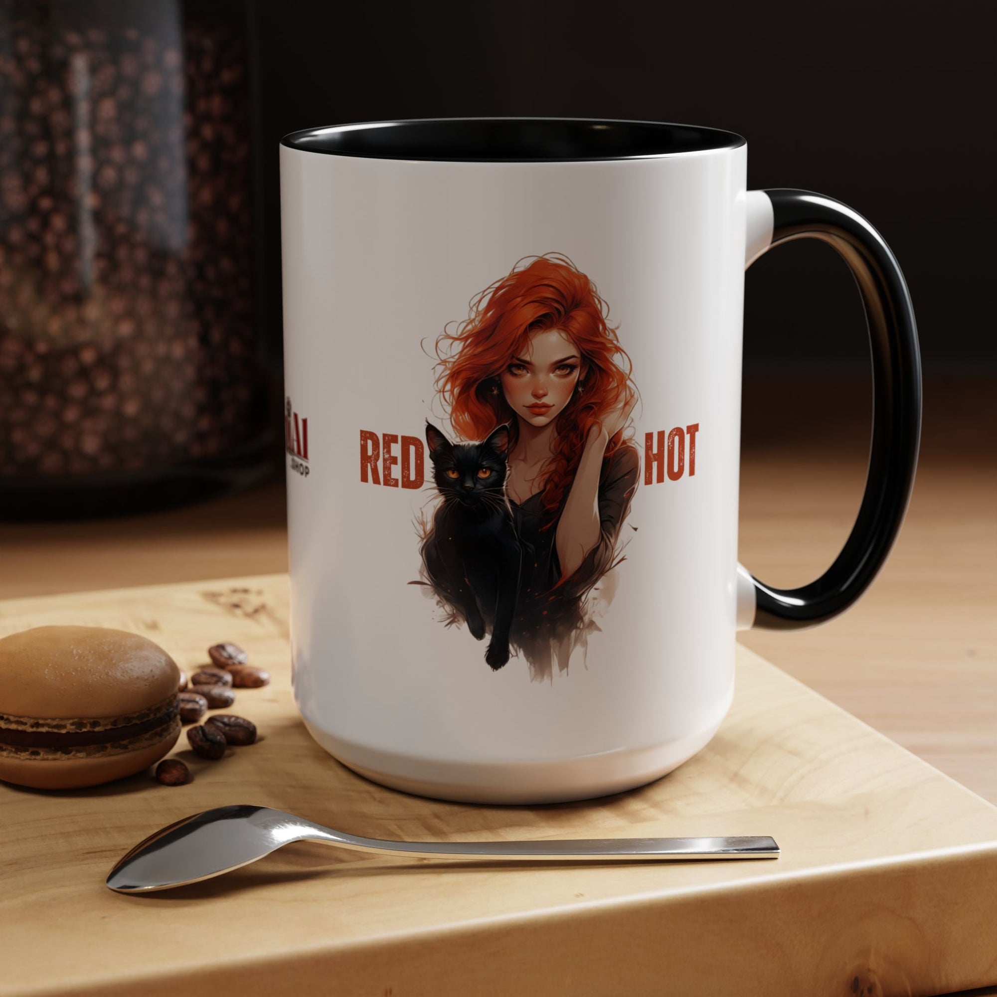 Red Hot Coffee Mug with Artistic Cat-Themed Design
