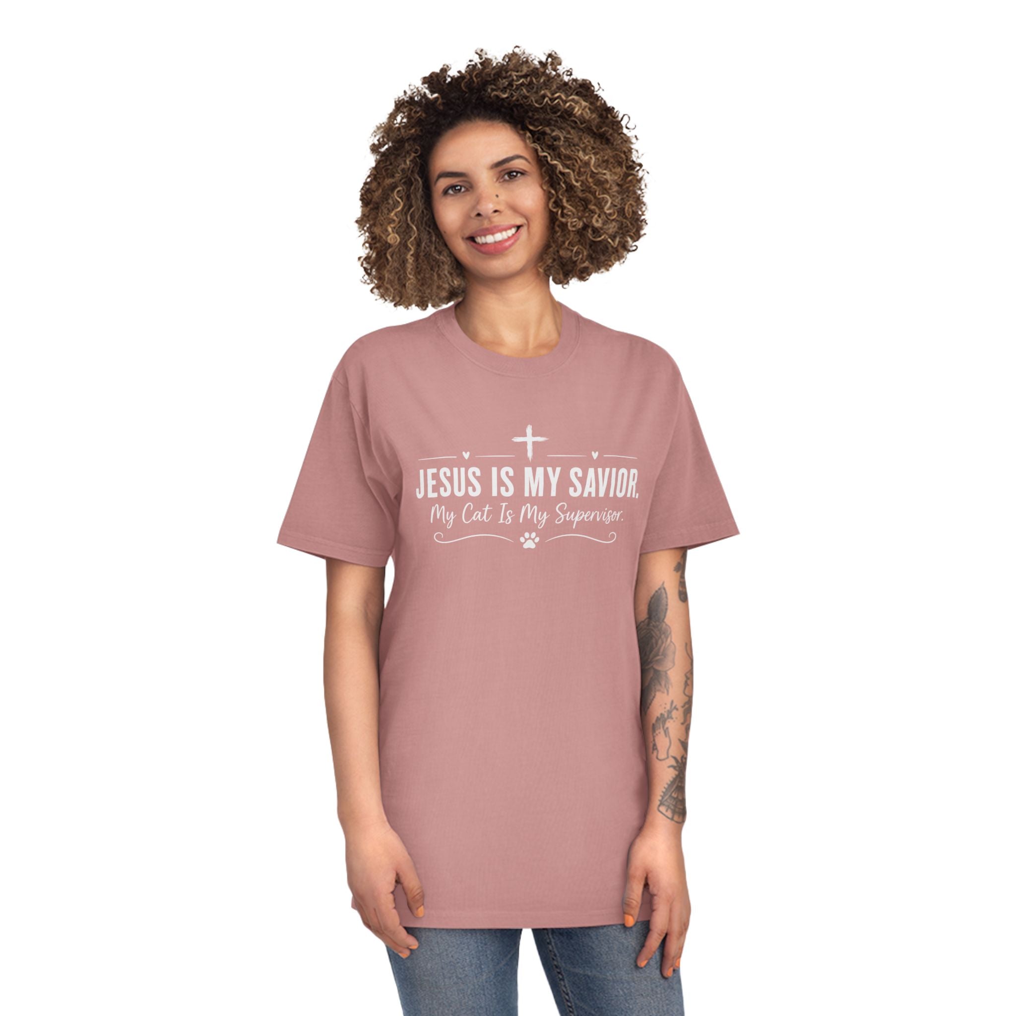 Jesus Is My Savior. My Cat Is My Supervisor. Vintage- Style T-Shirt