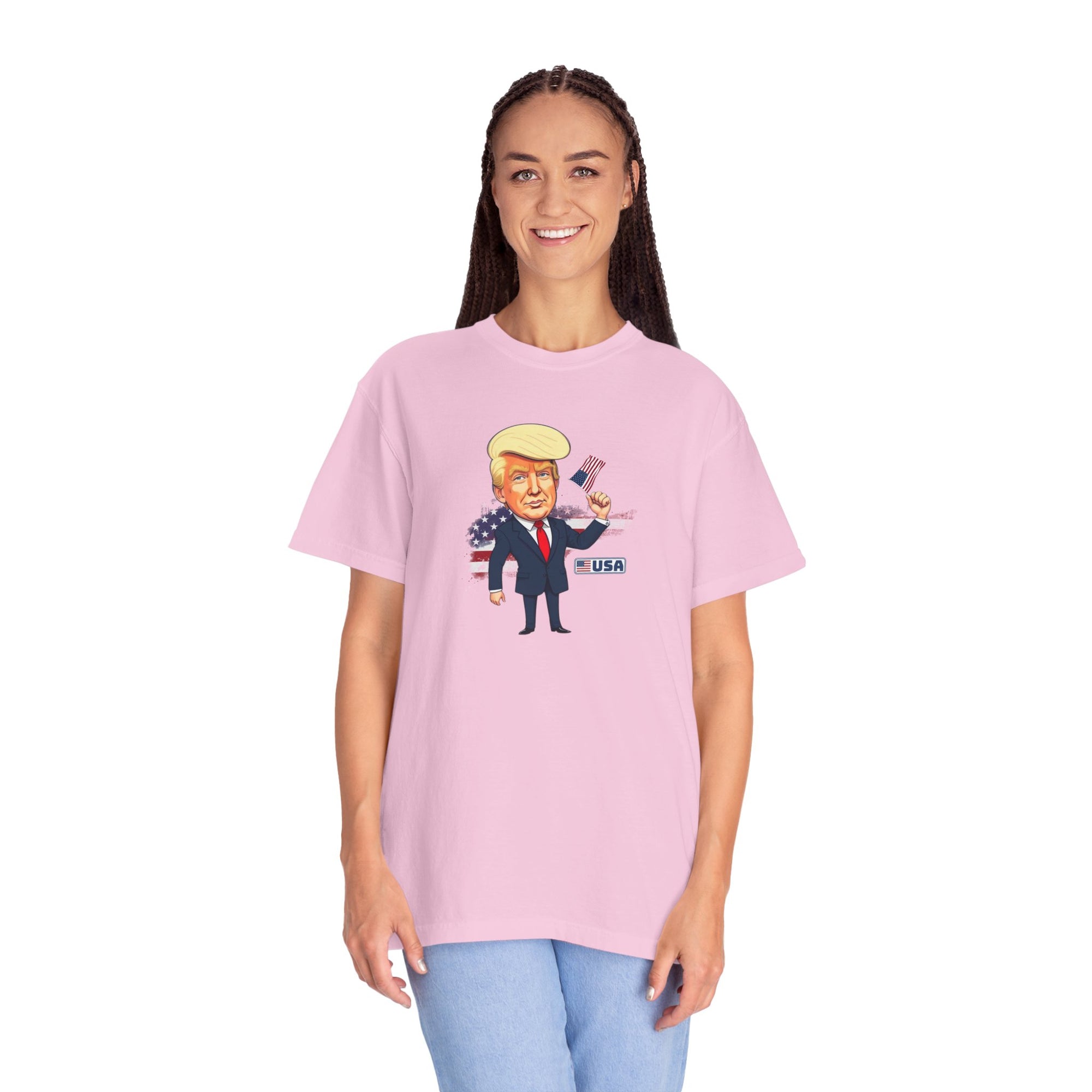 Patriotic Cartoon T-Shirt - Unisex Garment-Dyed Tee with Trump Design