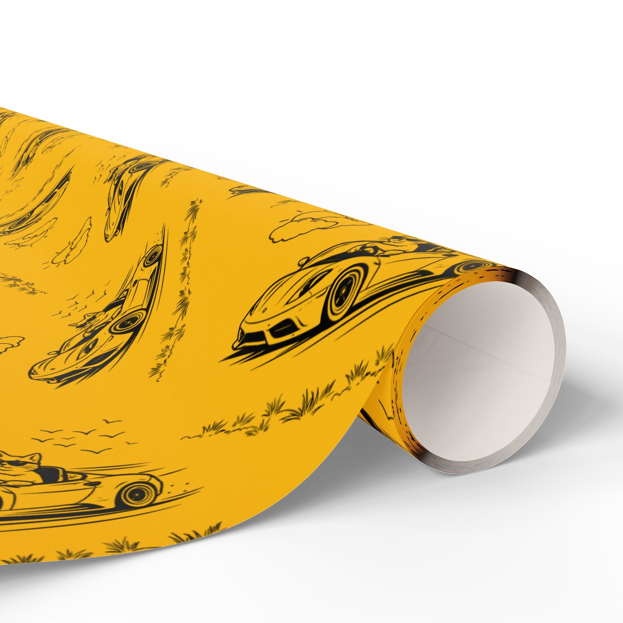 Zoomies Road Trip Cat Wrapping Paper – Golden Sketch Gift Wrap with Racing Cat Design