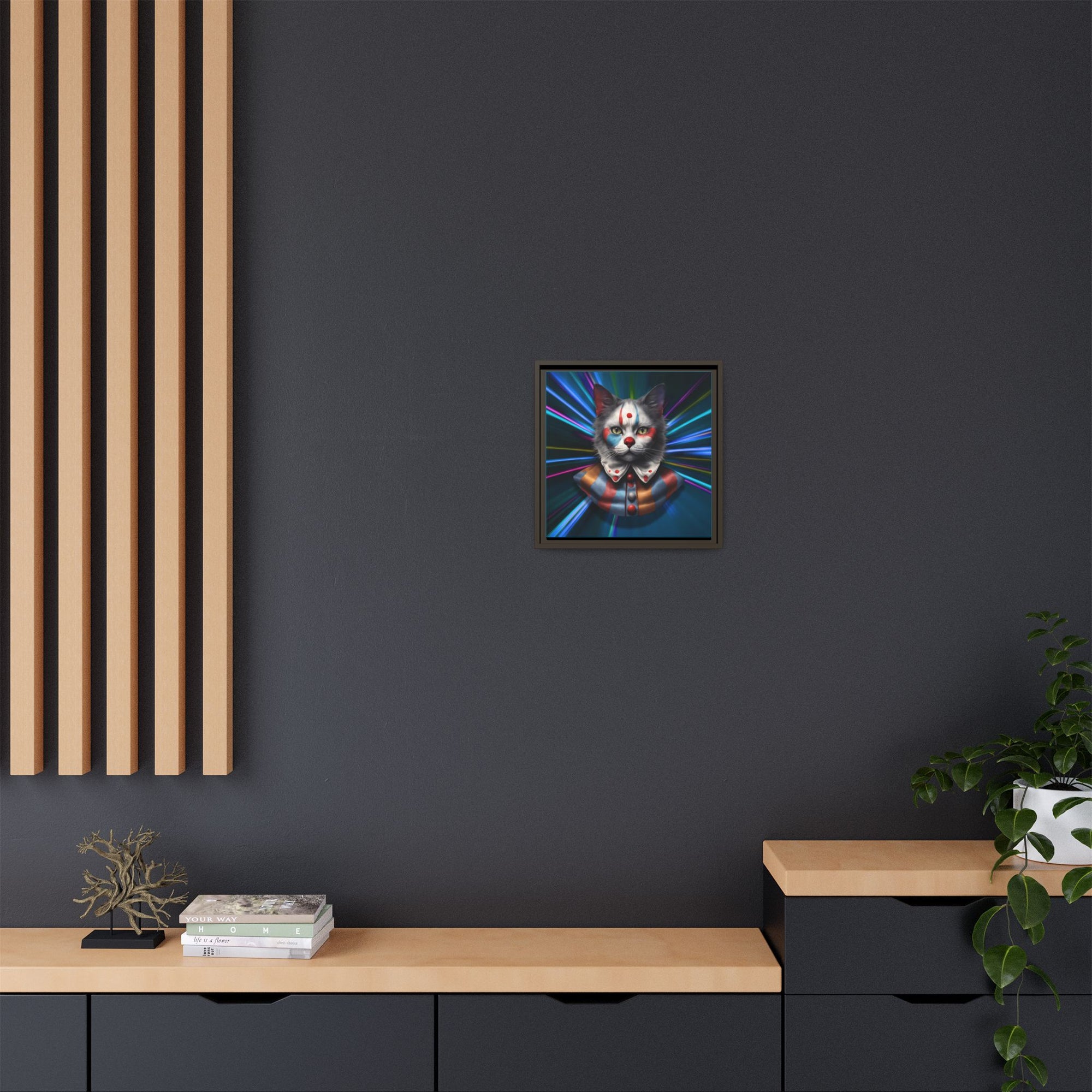 Colorful Cat Clown Framed Canvas Art – Quirky Home Decor for Pet Lovers