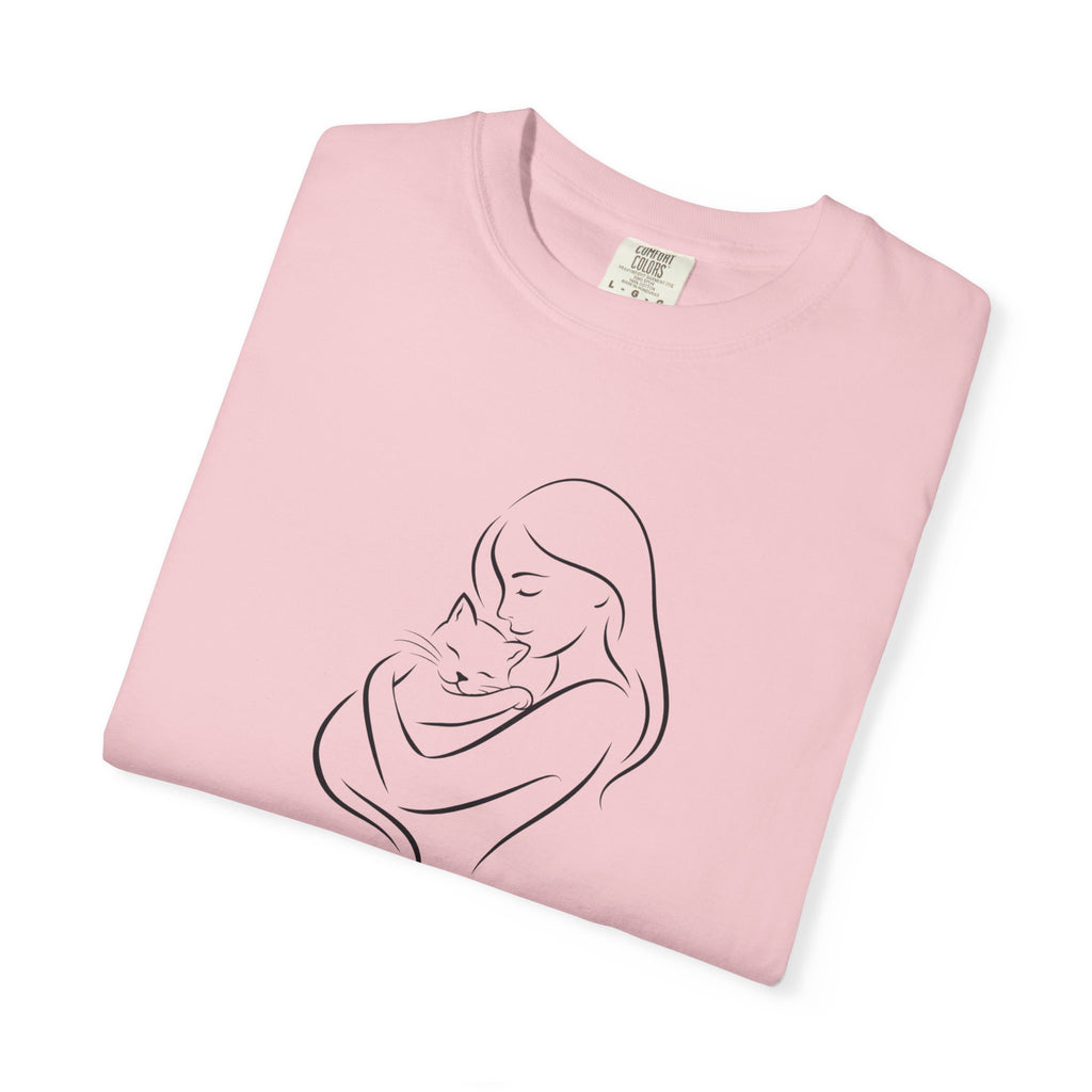 Mother & Cat Embrace T-Shirt | Minimal Line Art Cat Mom Shirt
