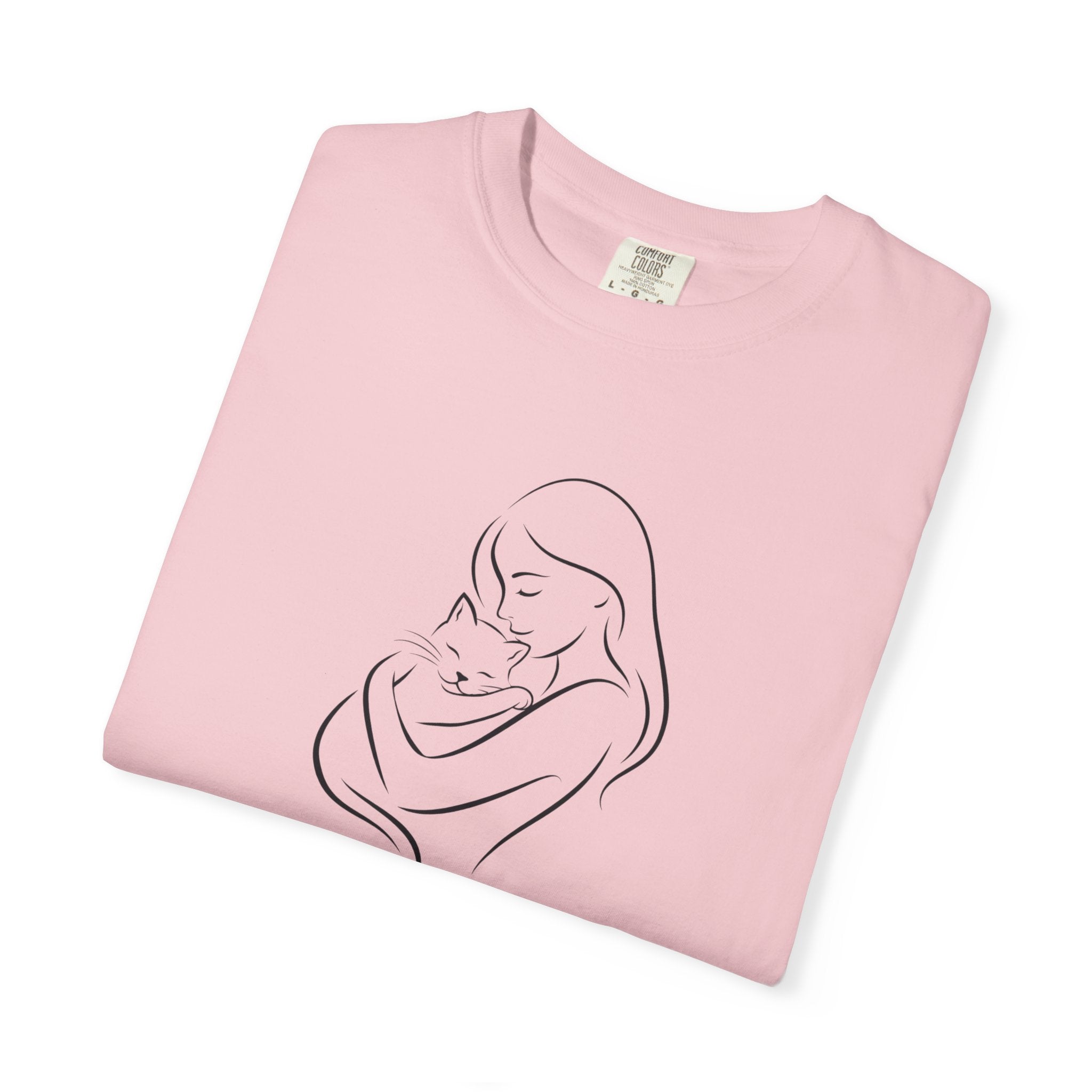 Mother & Cat Embrace T-Shirt | Minimal Line Art Cat Mom Shirt