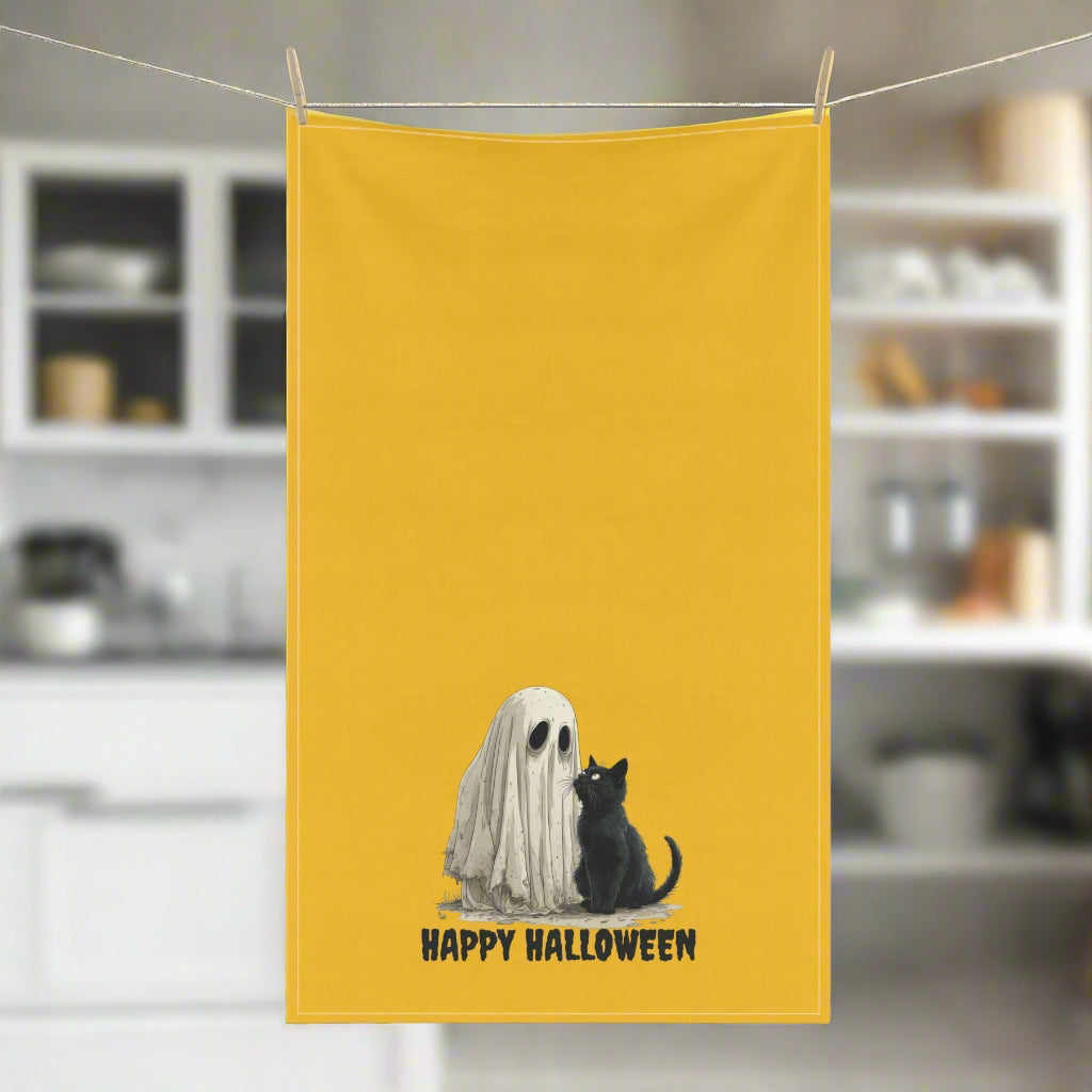 Halloween Tea Towels with Ghost and Cat Design