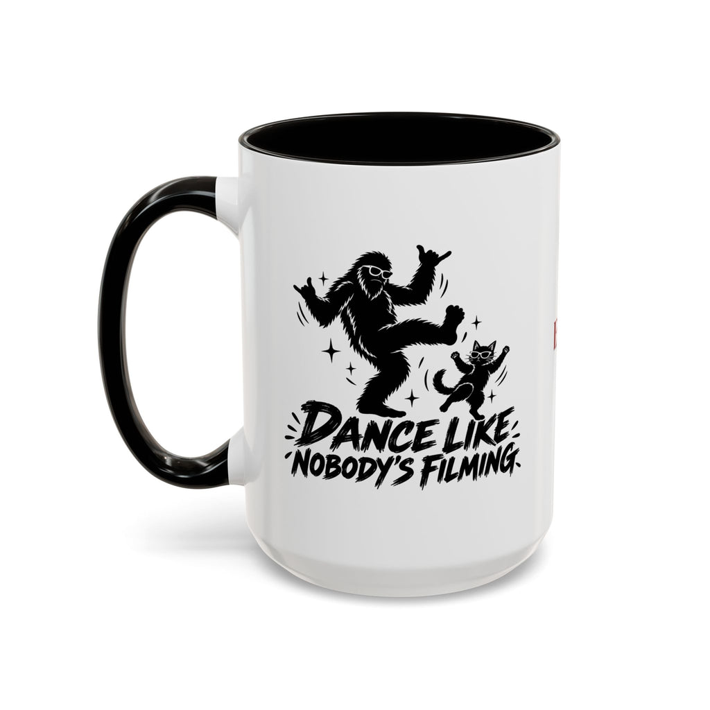 Dance Like Nobody's Filming | Funny Bigfoot & Cat Coffee Mug (11oz/15oz)