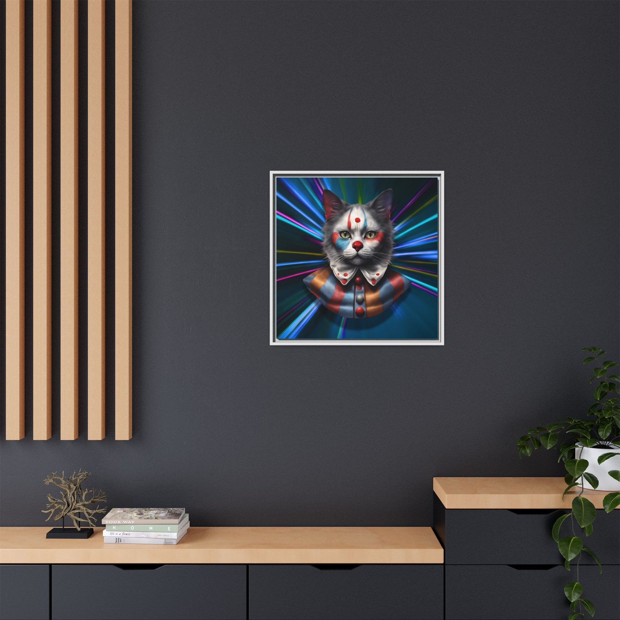Colorful Cat Clown Framed Canvas Art – Quirky Home Decor for Pet Lovers