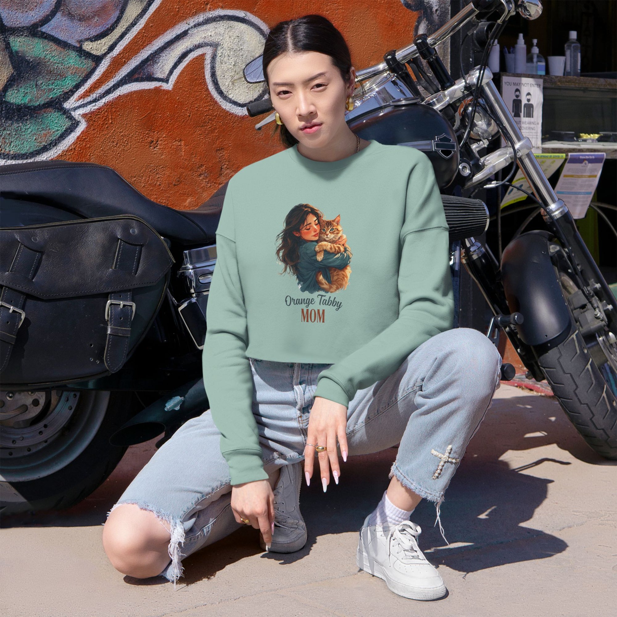 Cozy Orange Tabby Mom Cropped Sweatshirt