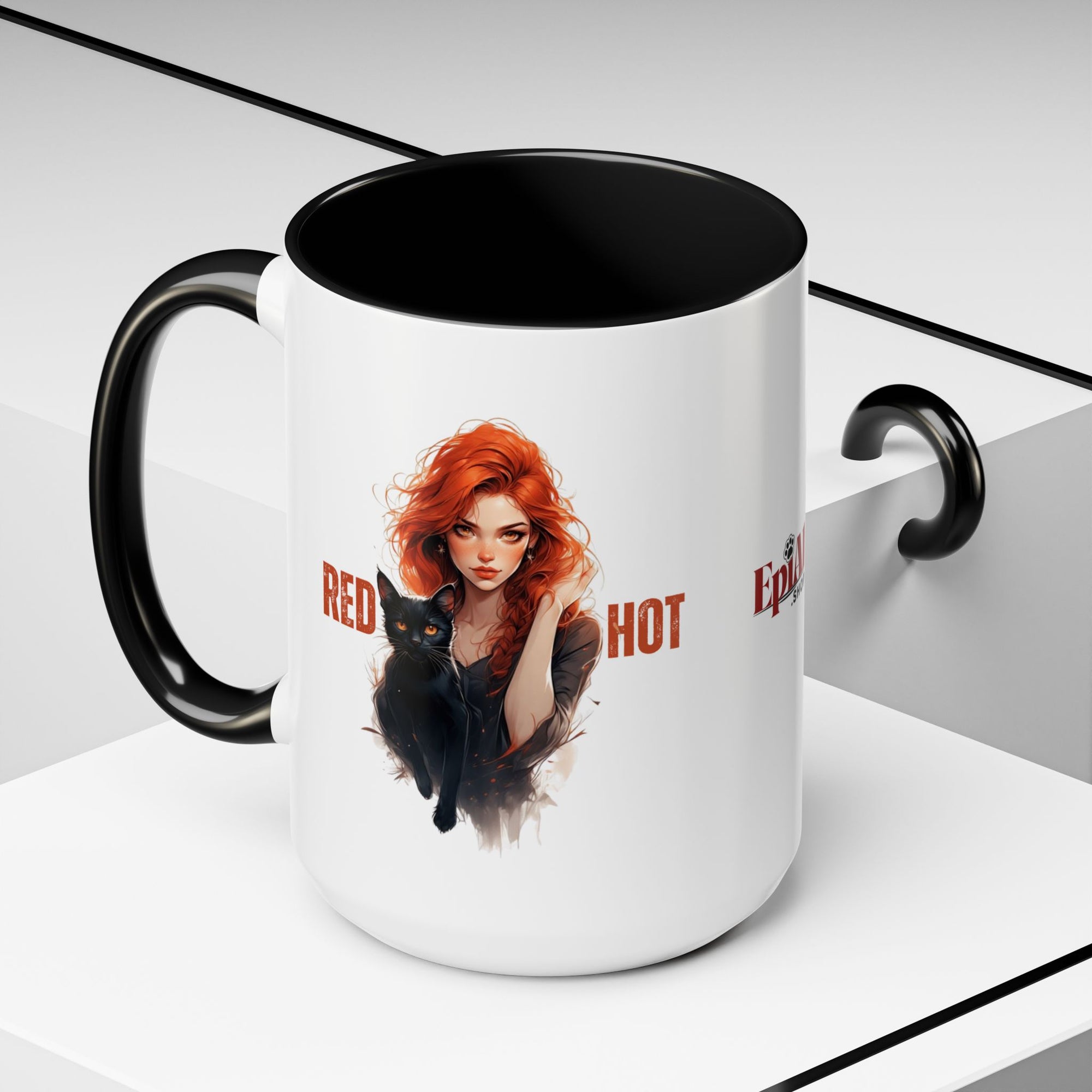 Red Hot Coffee Mug with Artistic Cat-Themed Design