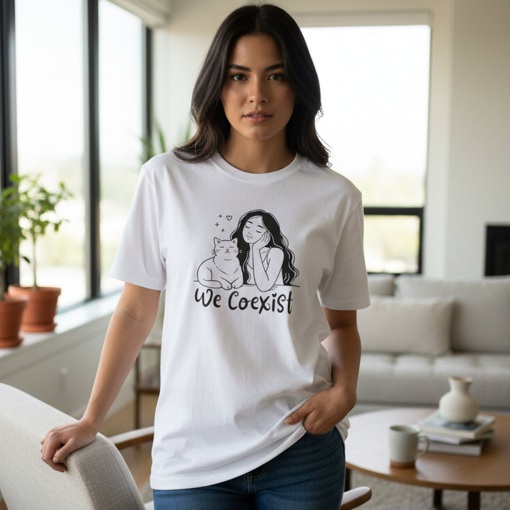 We Coexist T-Shirt – Minimalist Cat Lover Graphic Tee