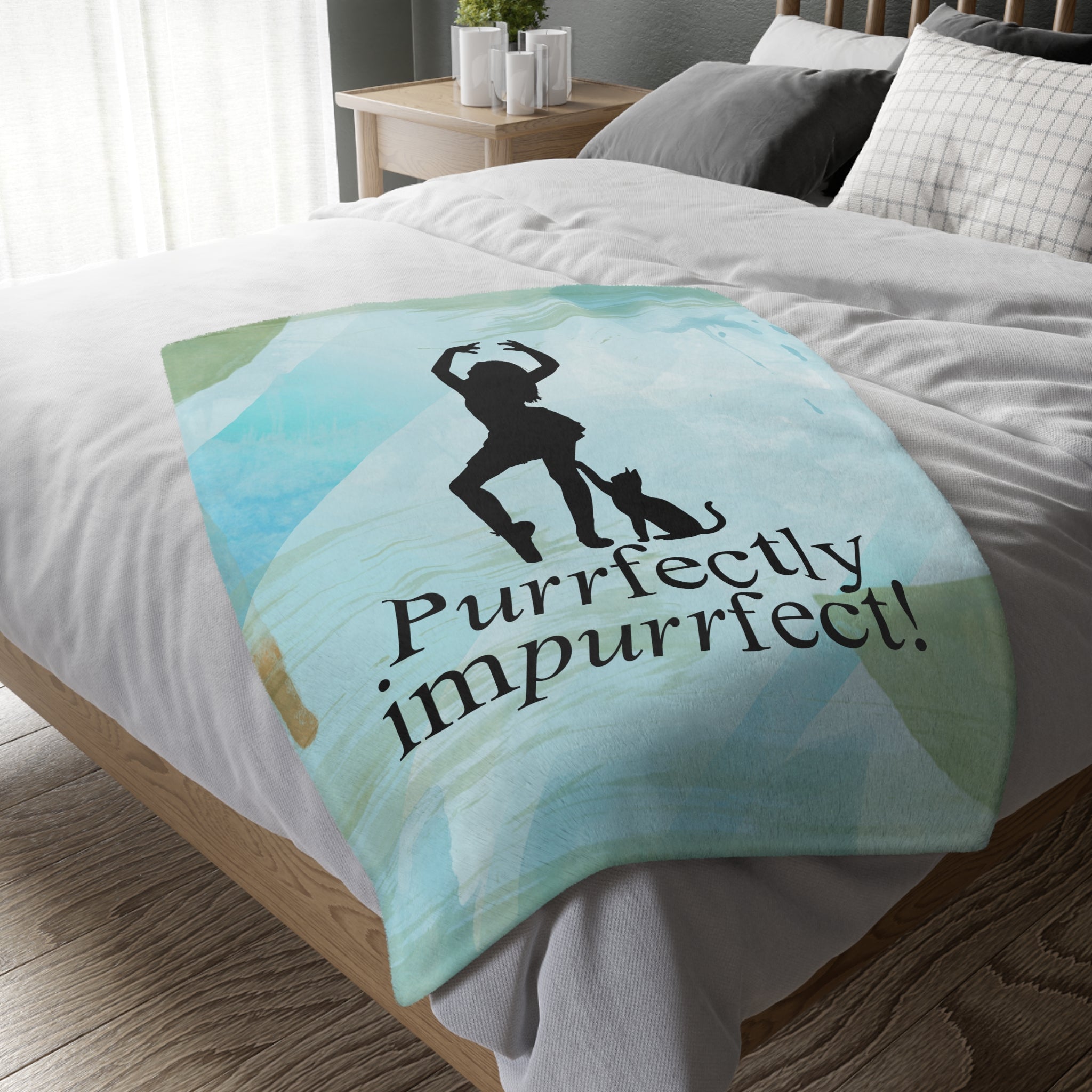 Photo depicting the ​Purrfectly Impurrfect Velveteen Microfiber Blanket (Two-sided print) from EpiAl's Shop.