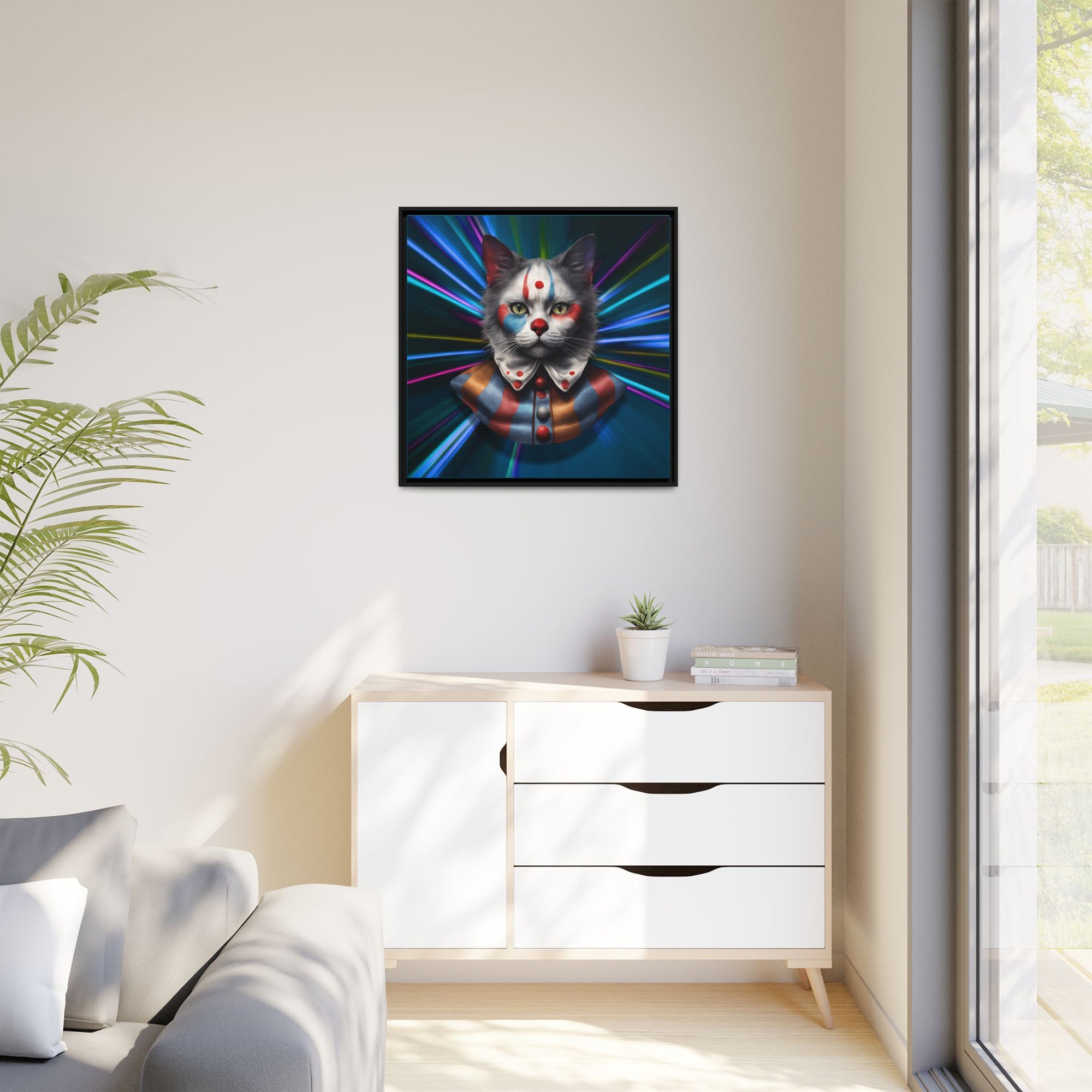 Colorful Cat Clown Framed Canvas Art – Quirky Home Decor for Pet Lovers