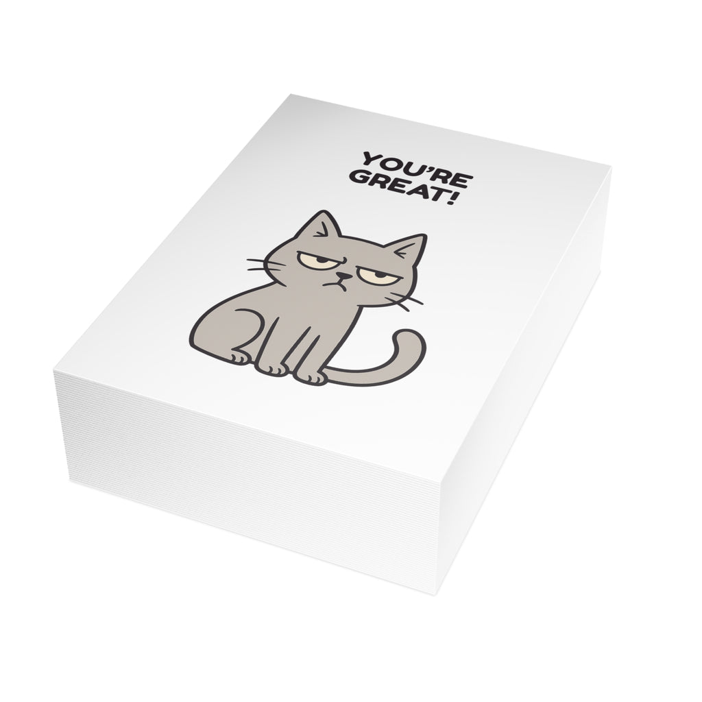 Funny Cat Greeting Card – “You’re Great / My Cat Disagrees” – 10, 30, 50 pc. sets