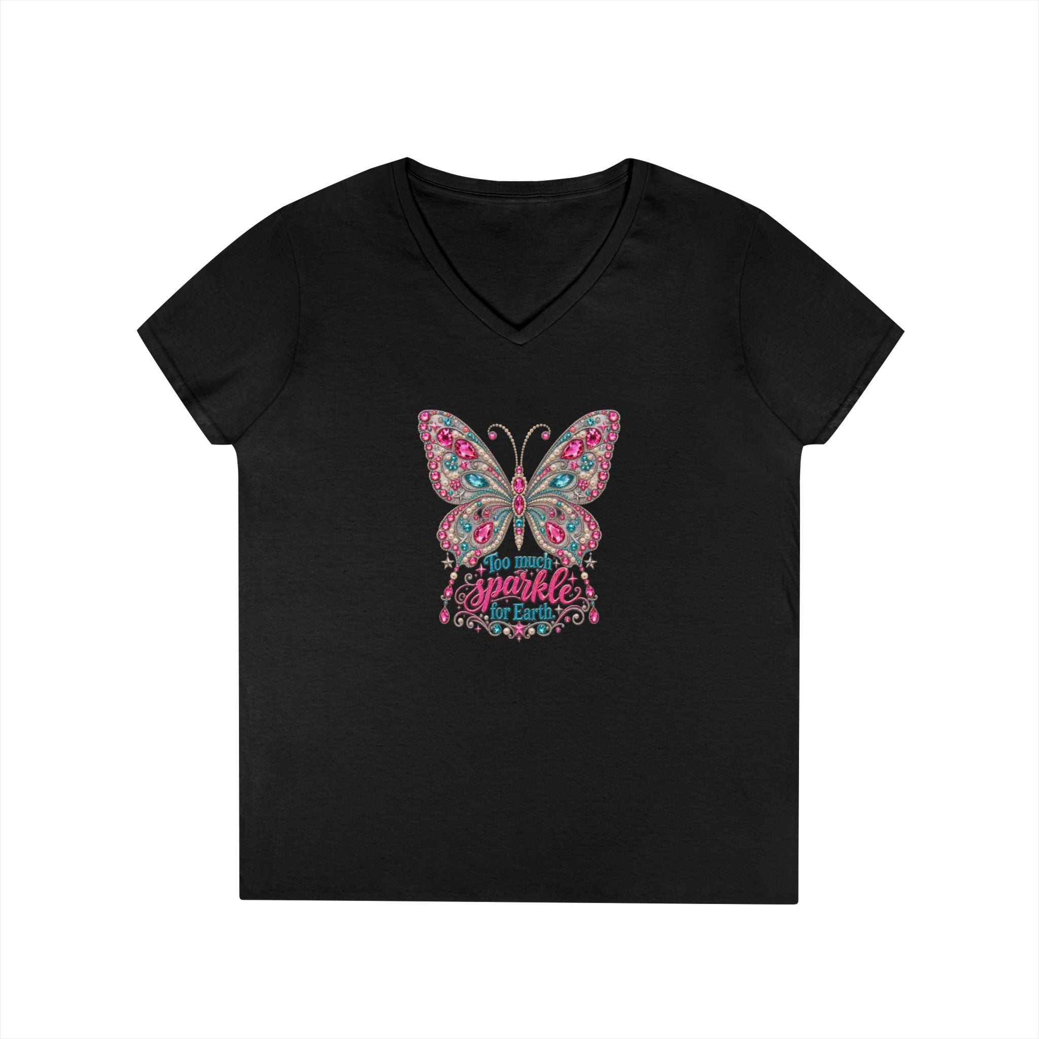 Too Much Sparkle for Earth V-Neck Tee | Rhinestone Butterfly Shirt | Heavenly Country Glam