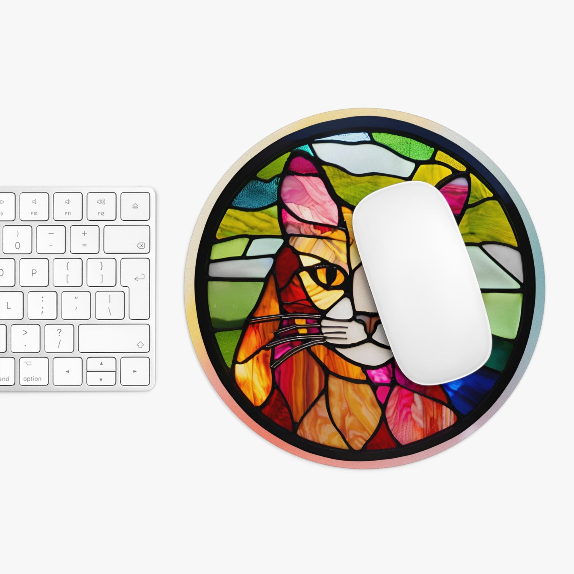 Colorful Cat Stained Glass Mouse Pad - Vibrant Desktop Accessory Printify