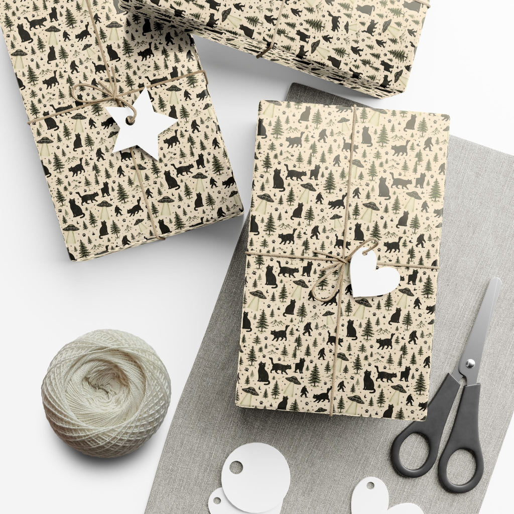 Cat, UFO & Bigfoot Wrapping Paper | Cryptid Cat Gift Wrap | Funny All-Occasion Wrap