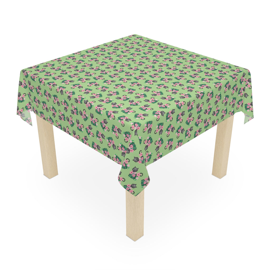 Whisker Bloom Tablecloth – Cat & Floral Pattern Mint Green Square Table Cover