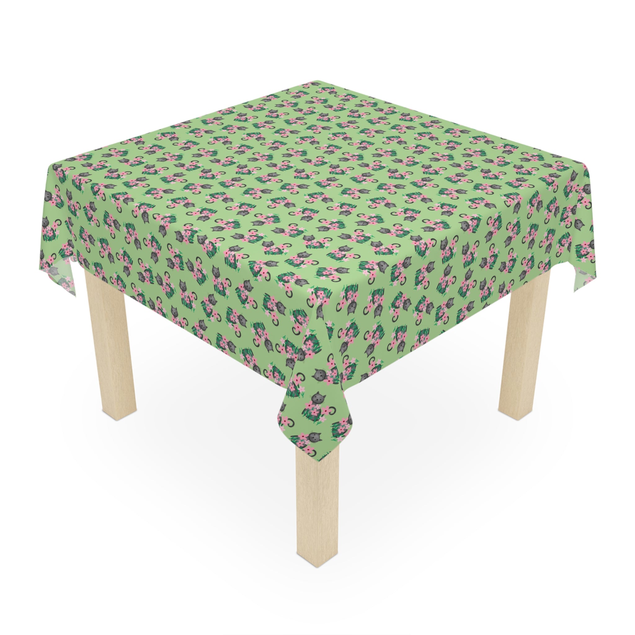 Whisker Bloom Tablecloth – Cat & Floral Pattern Mint Green Square Table Cover