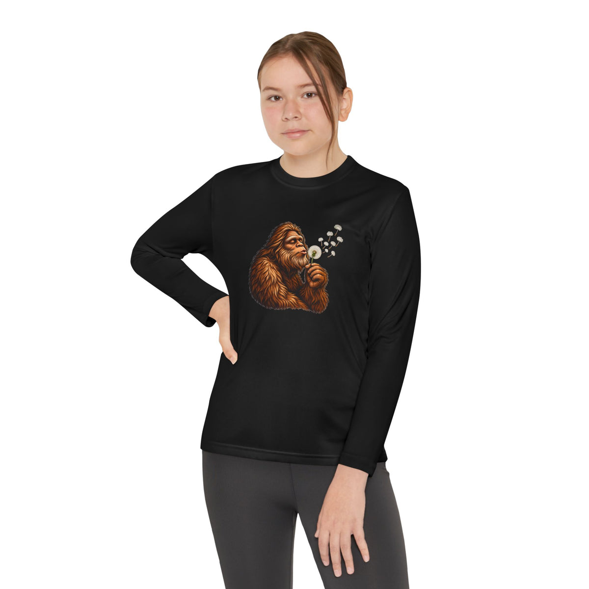 Bigfoot Blowing Dandelion Youth Long Sleeve Tee | Kids Sasquatch Shirt