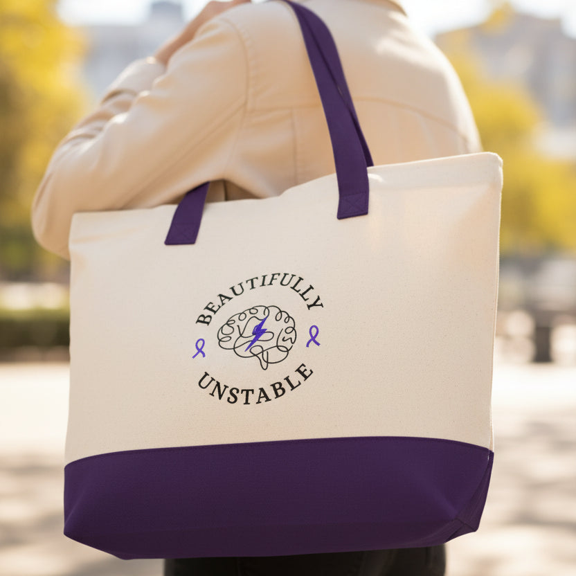 Beautifully Unstable Epilepsy Awareness Canvas Tote – Heavyweight Zippered Cotton Bag