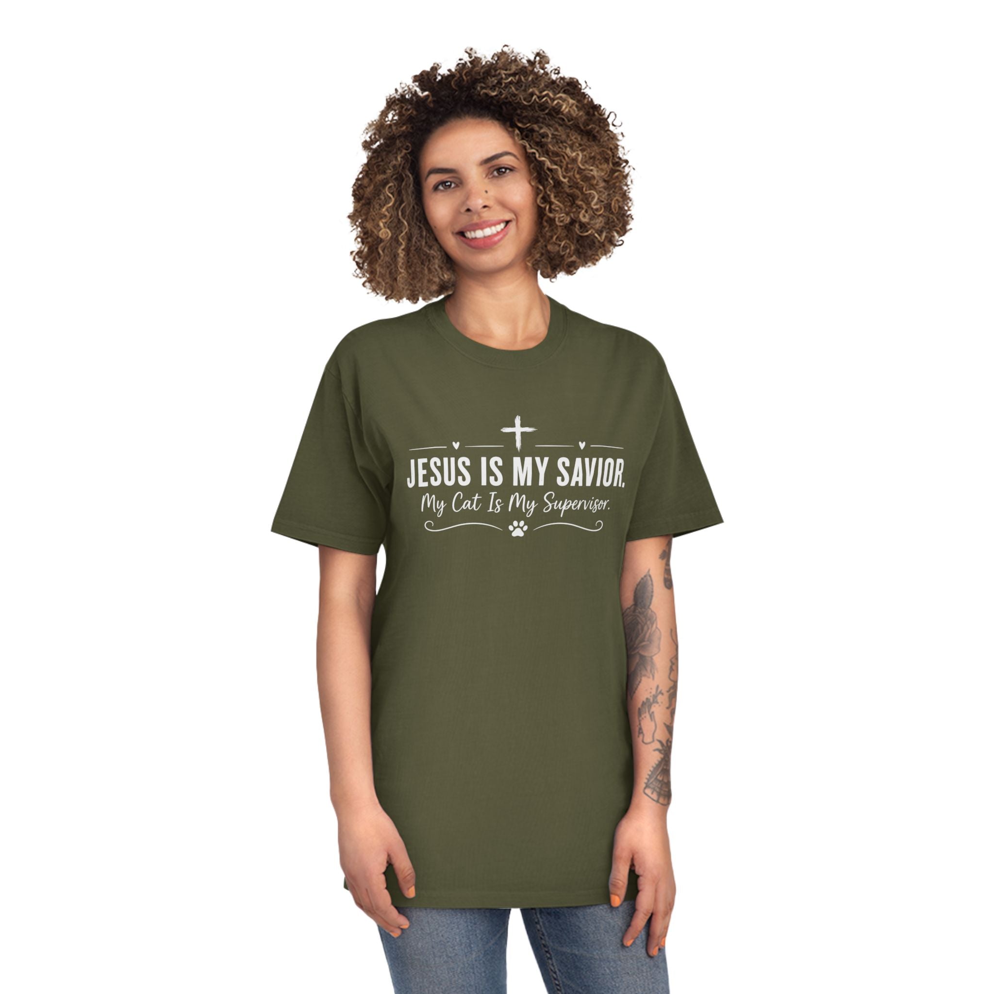 Jesus Is My Savior. My Cat Is My Supervisor. Vintage- Style T-Shirt