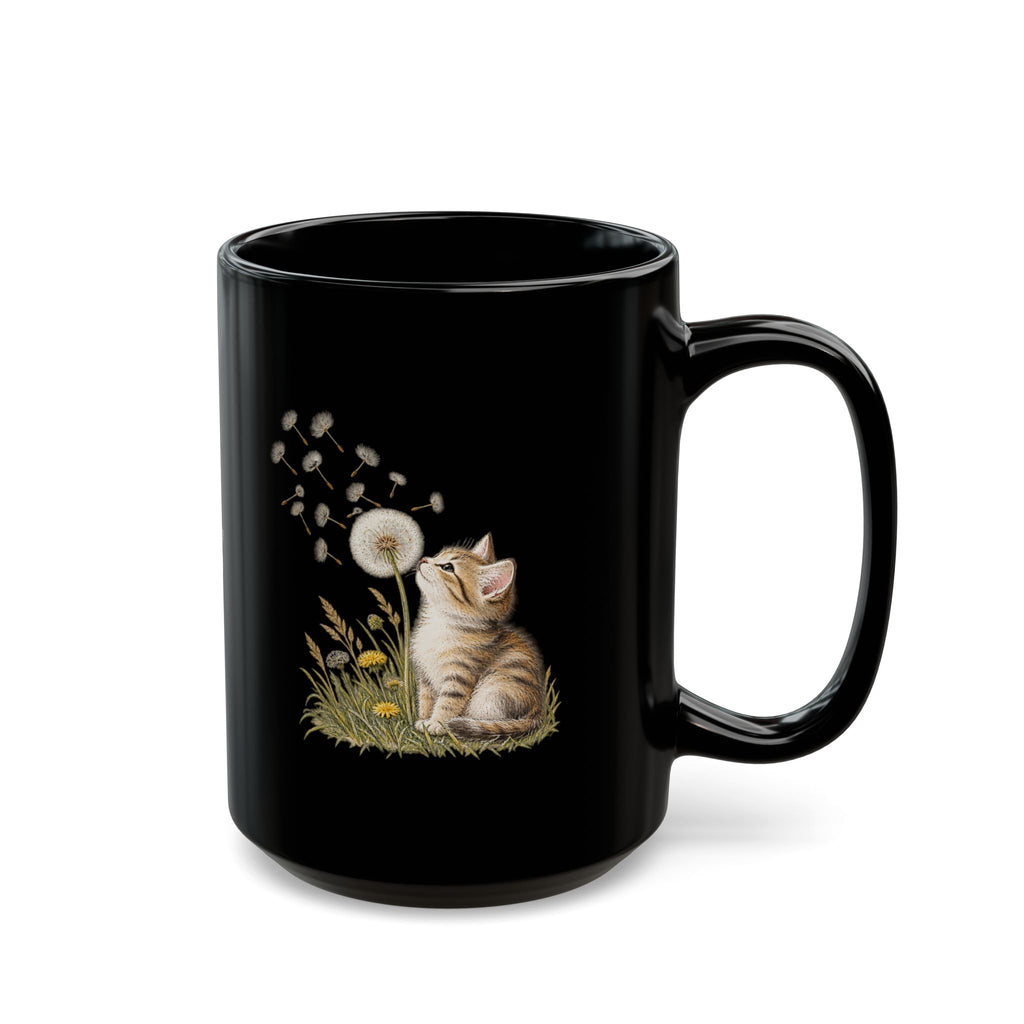 Kitten & Dandelion Black Ceramic Mug | Cat Lover Coffee Cup | 11oz & 15oz