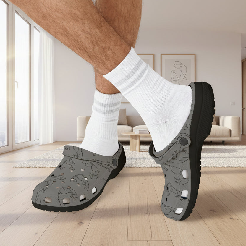 Minimalist Cat Line Art EVA Clogs – Grey All-Over Print Slip-Ons